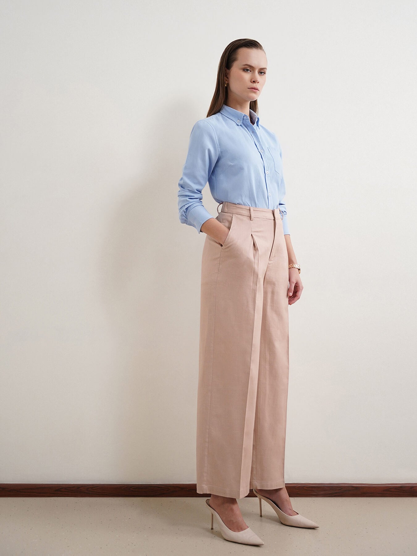 Cotton Linen Wideleg Trousers - Beige