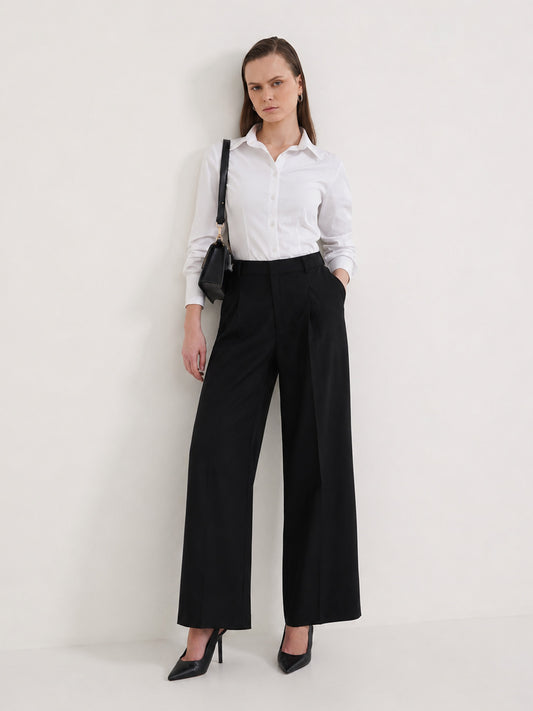 Cotton Linen Wideleg Trousers - Black