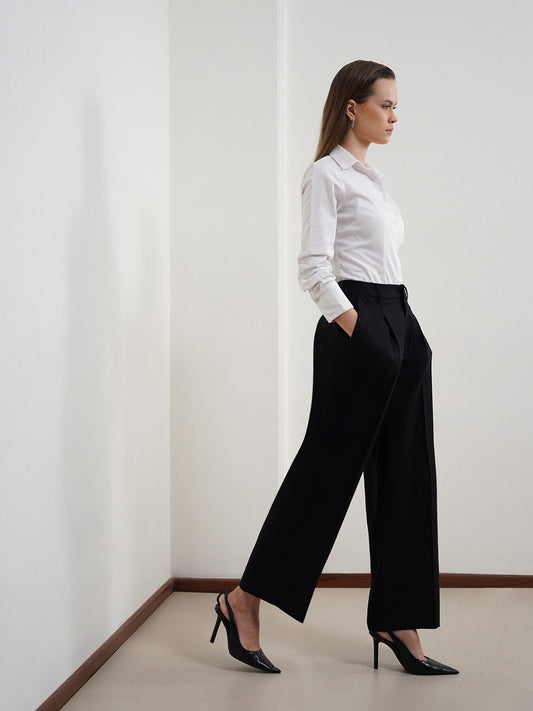 Cotton Linen Wideleg Trousers - Black