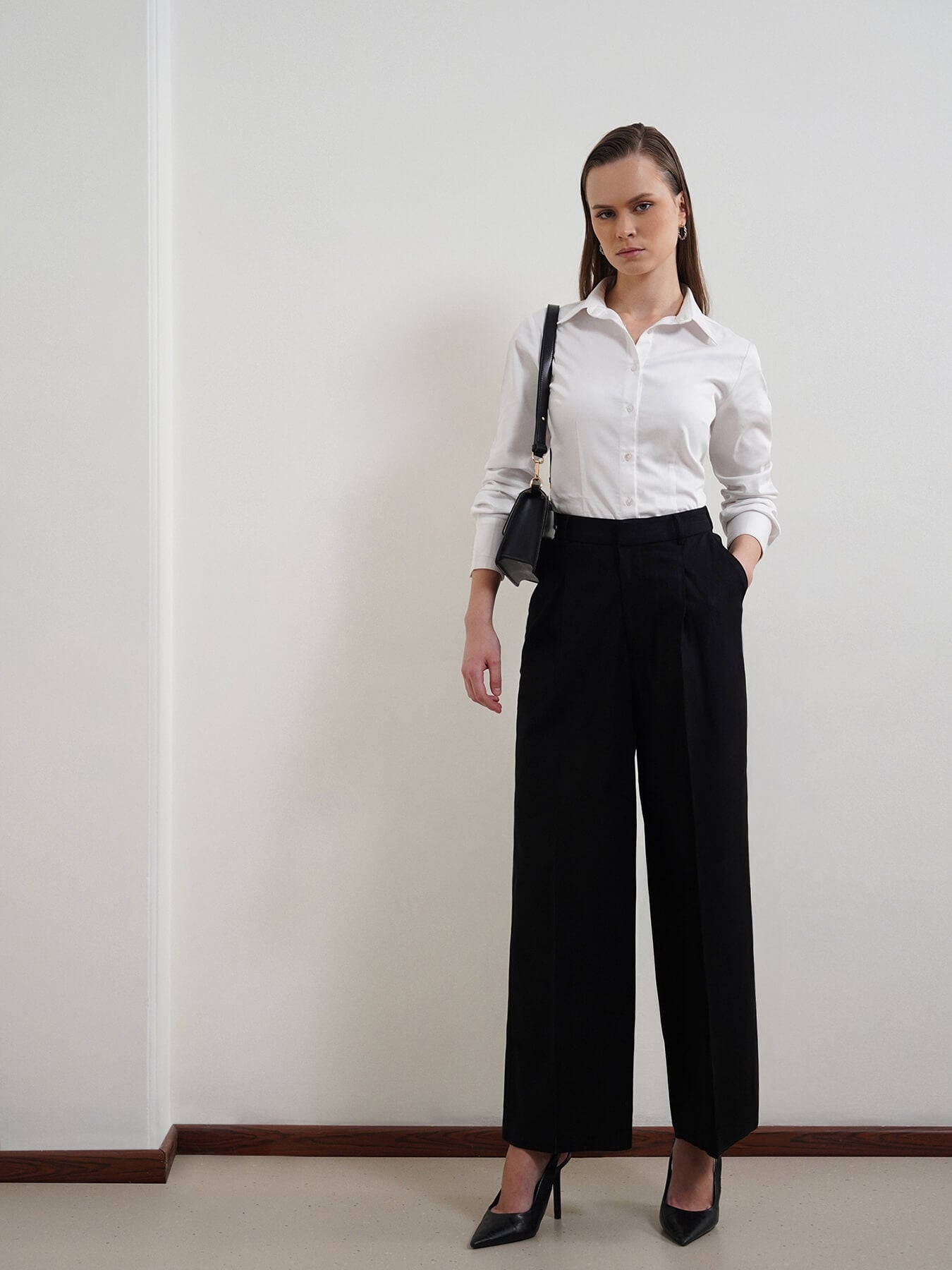 Cotton Linen Wideleg Trousers - Black