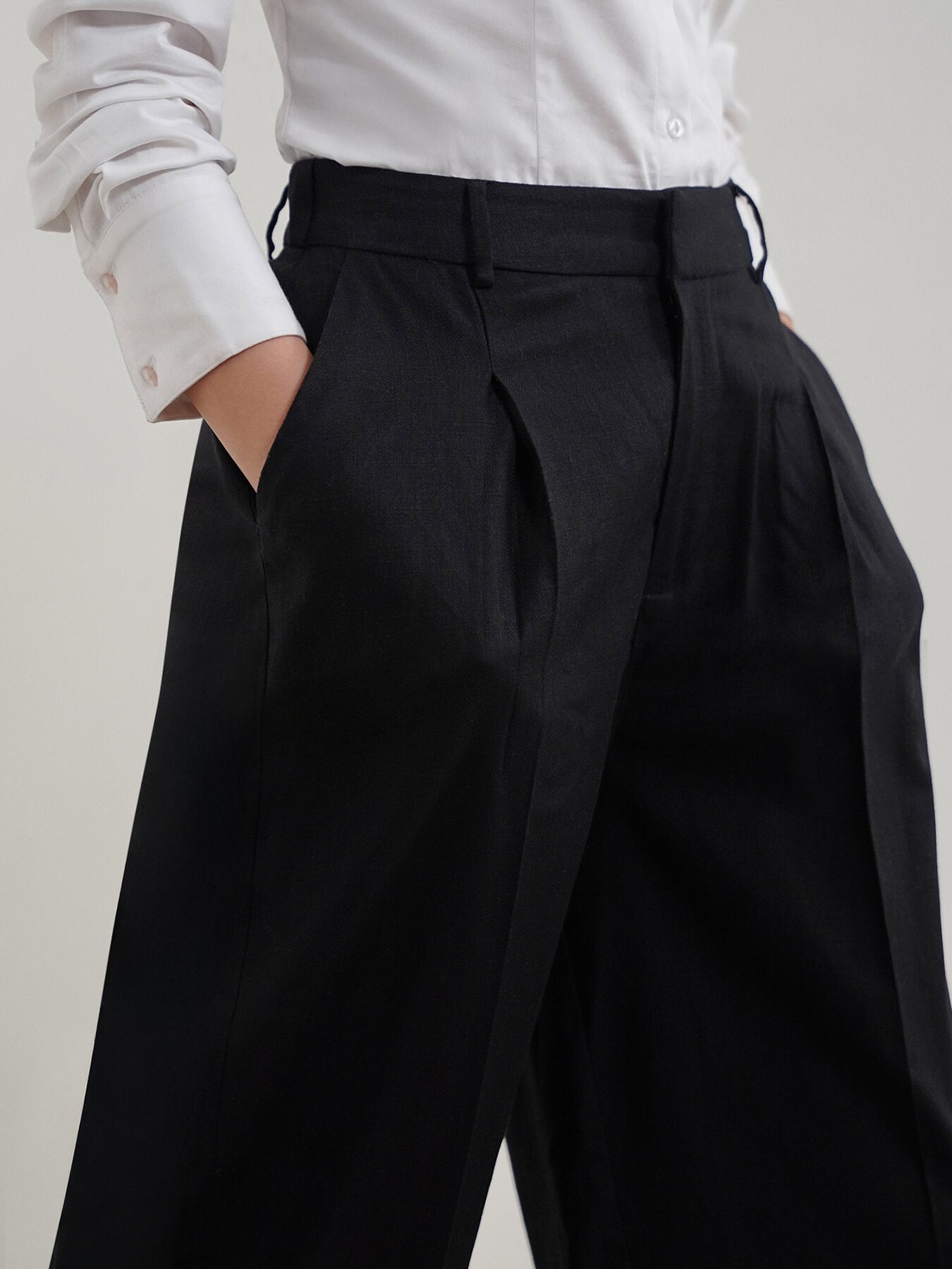Cotton Linen Wideleg Trousers - Black