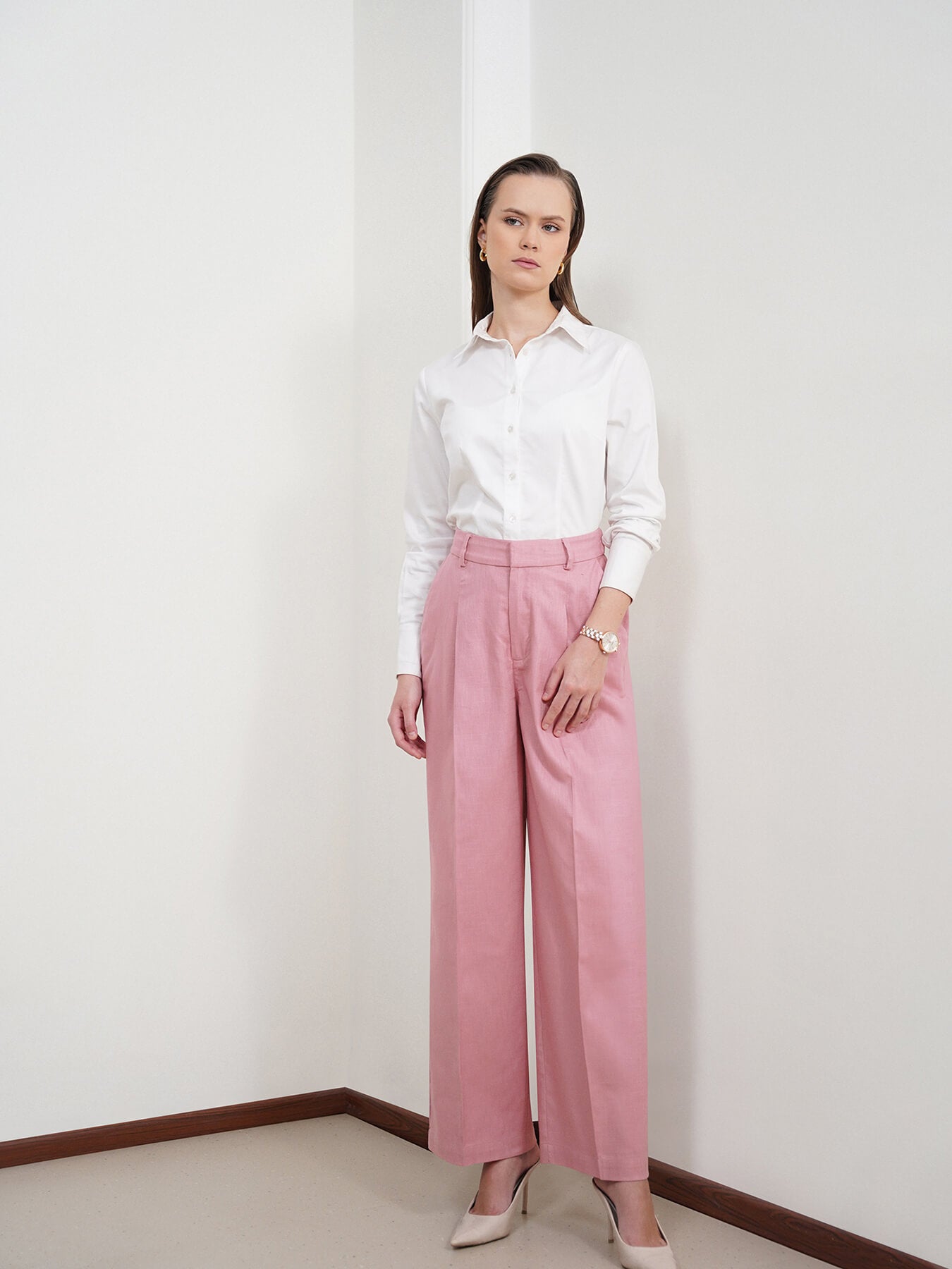 Cotton Linen Wideleg Trousers - Dusty Pink