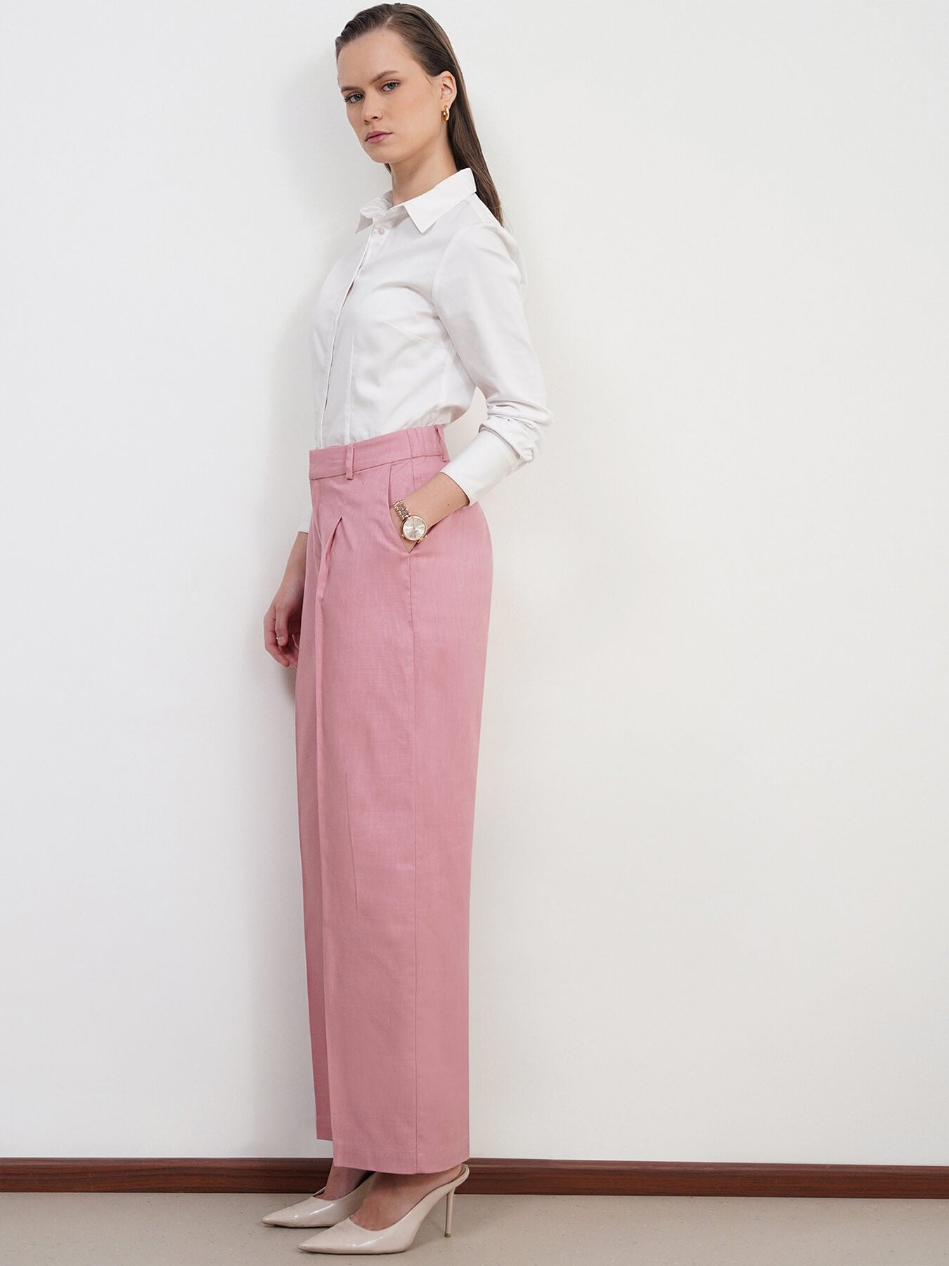 Cotton Linen Wideleg Trousers - Dusty Pink