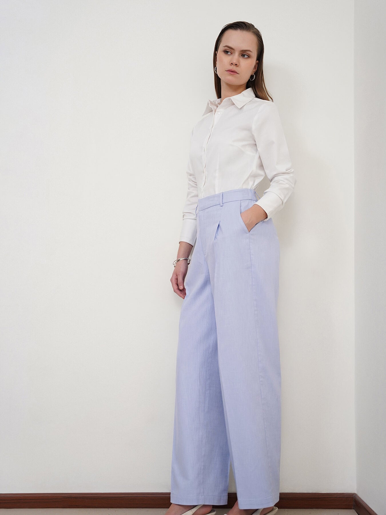Cotton Linen Wideleg Trousers - Powder Blue