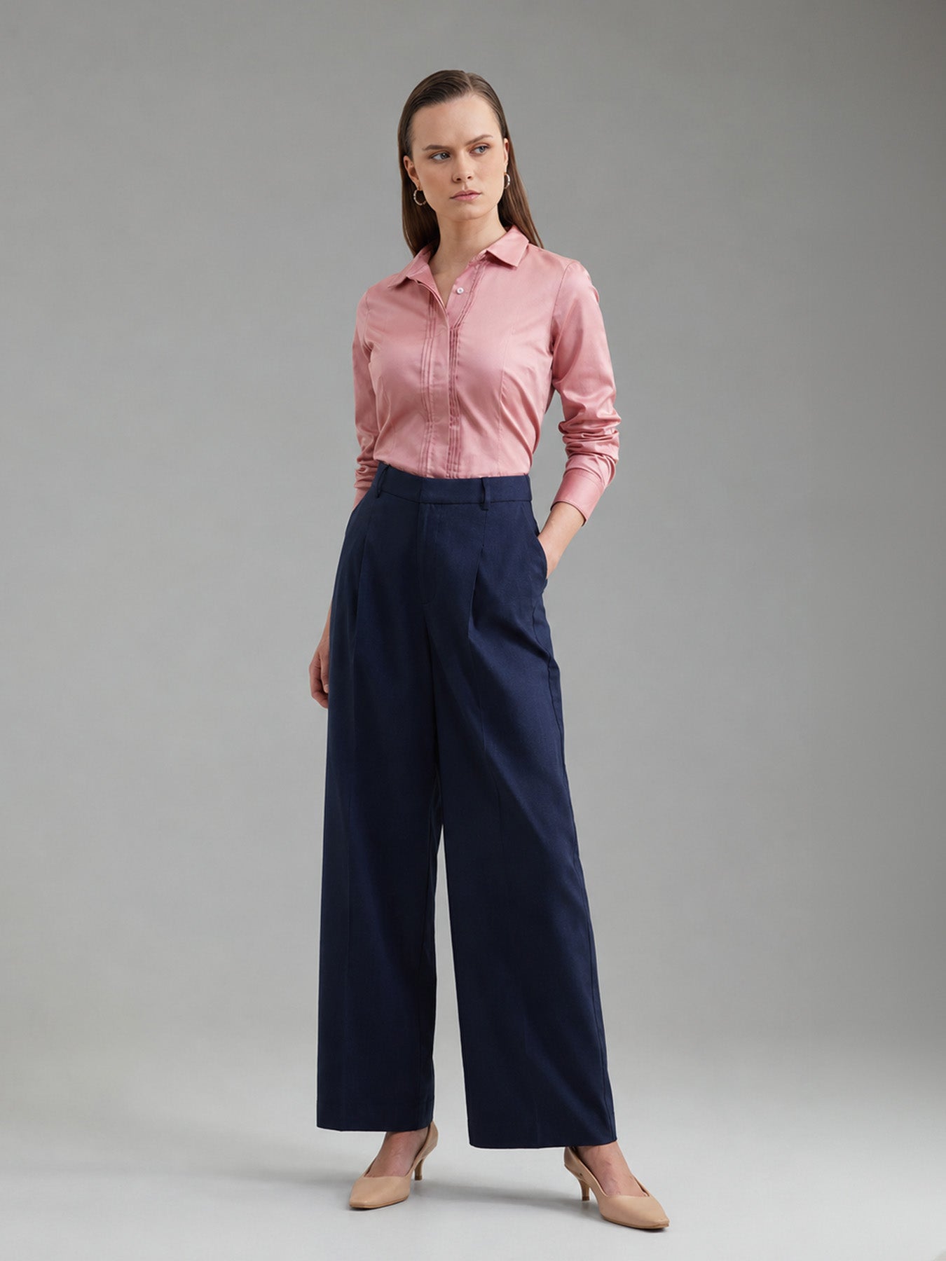 Cotton Linen Wideleg Trousers - Navy