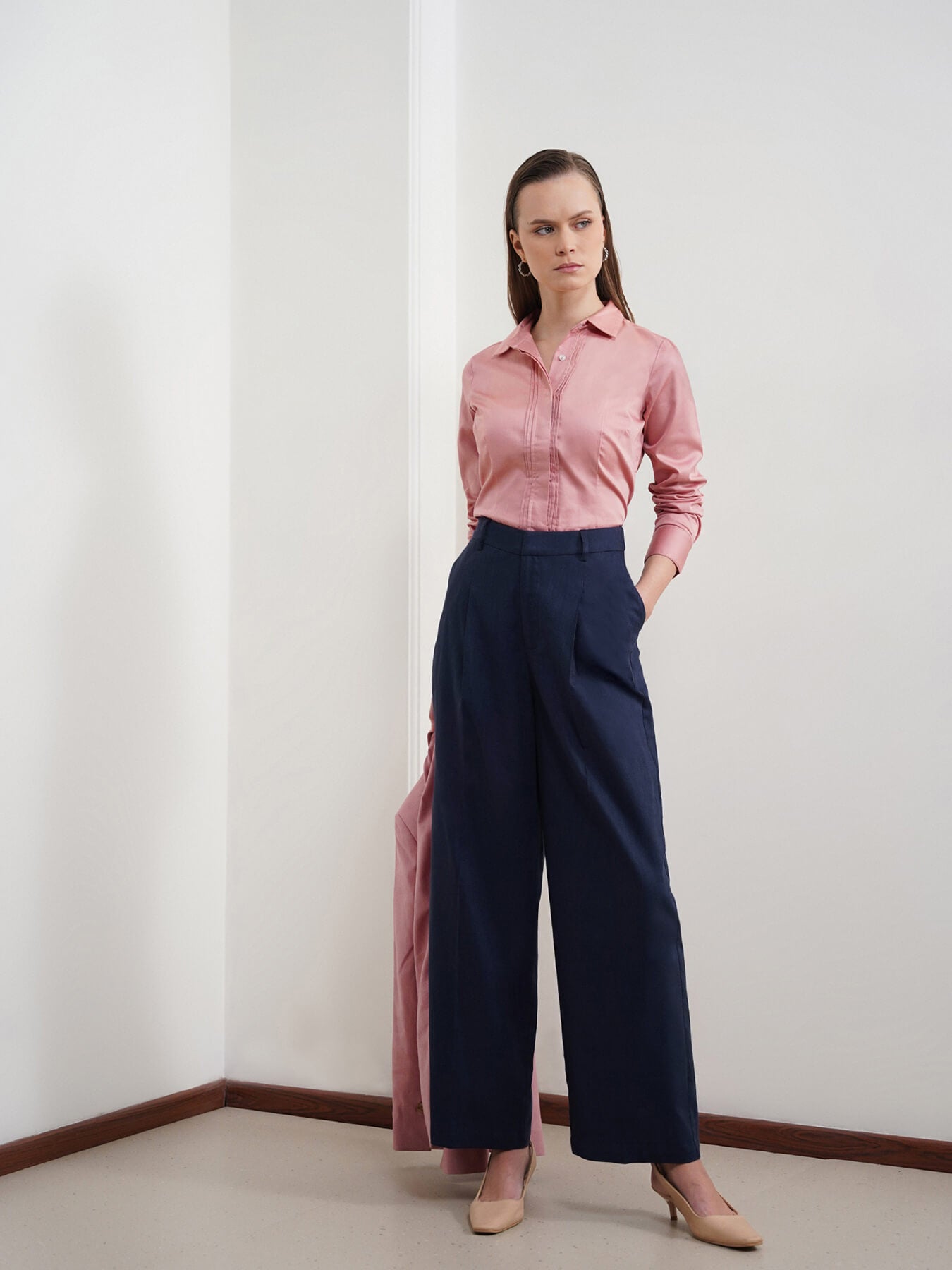 Cotton Linen Wideleg Trousers - Navy