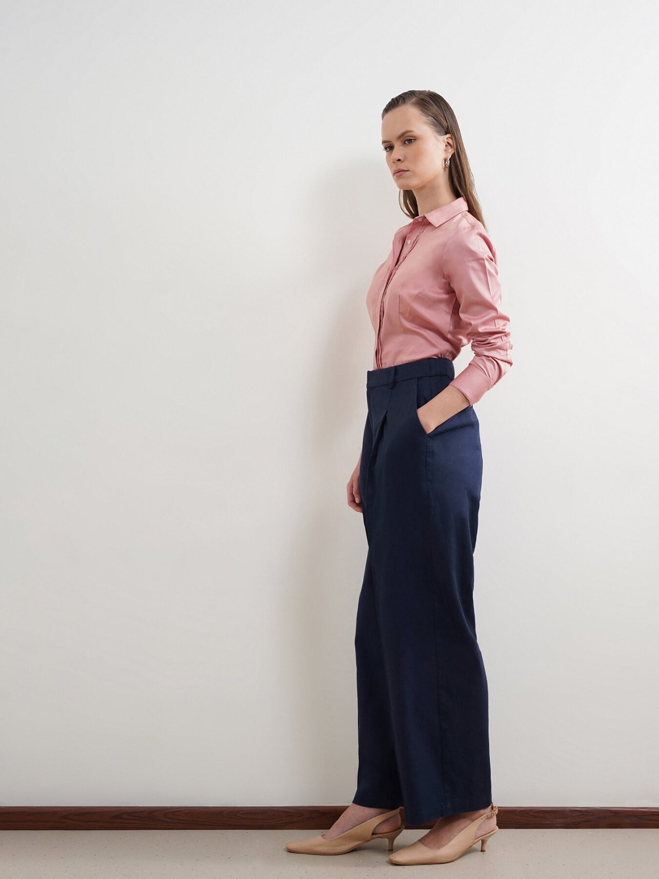 Cotton Linen Wideleg Trousers - Navy