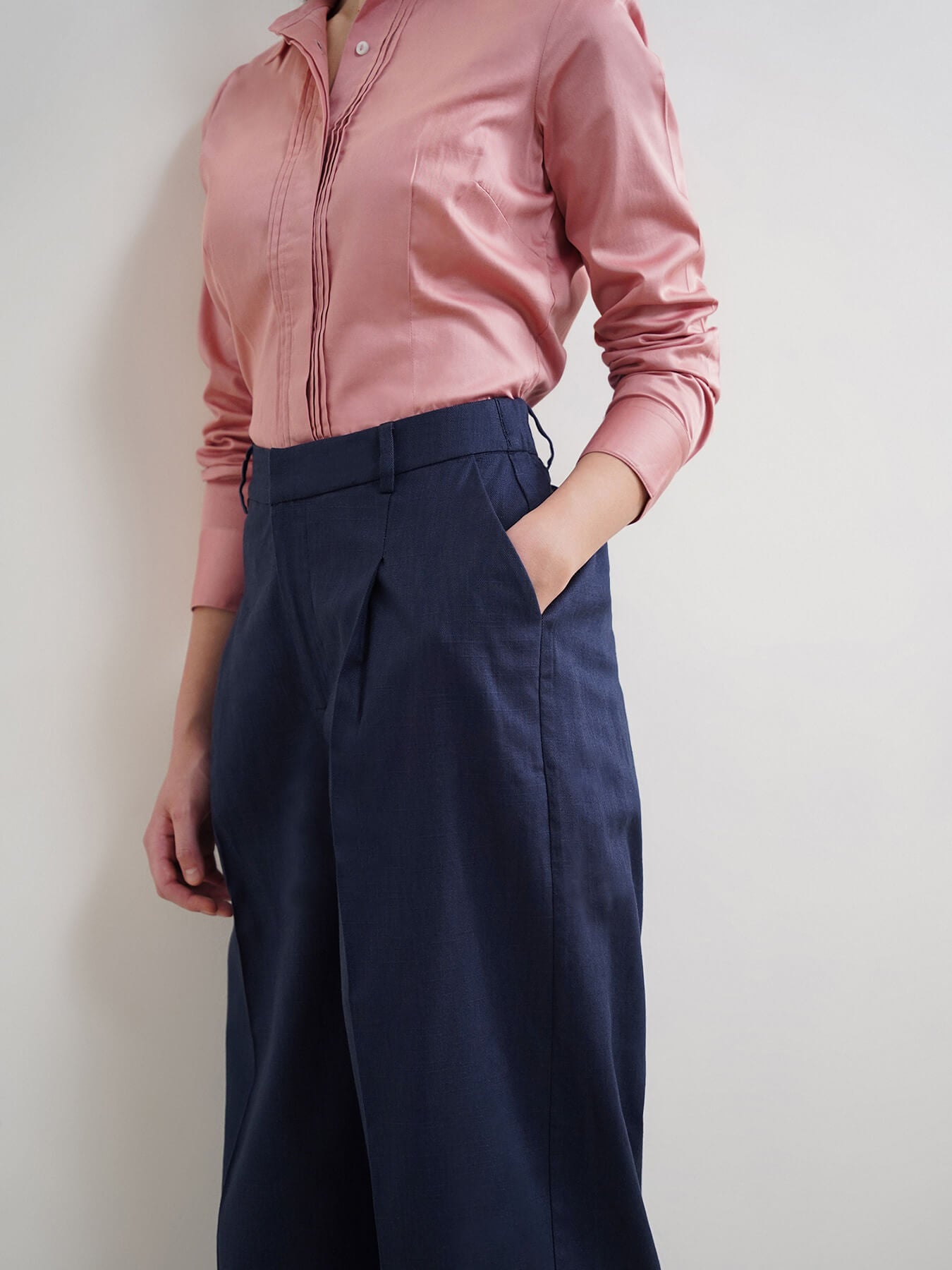 Cotton Linen Wideleg Trousers - Navy
