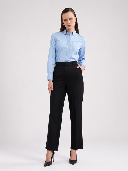 Cotton Linen Straight Fit Trousers - Black