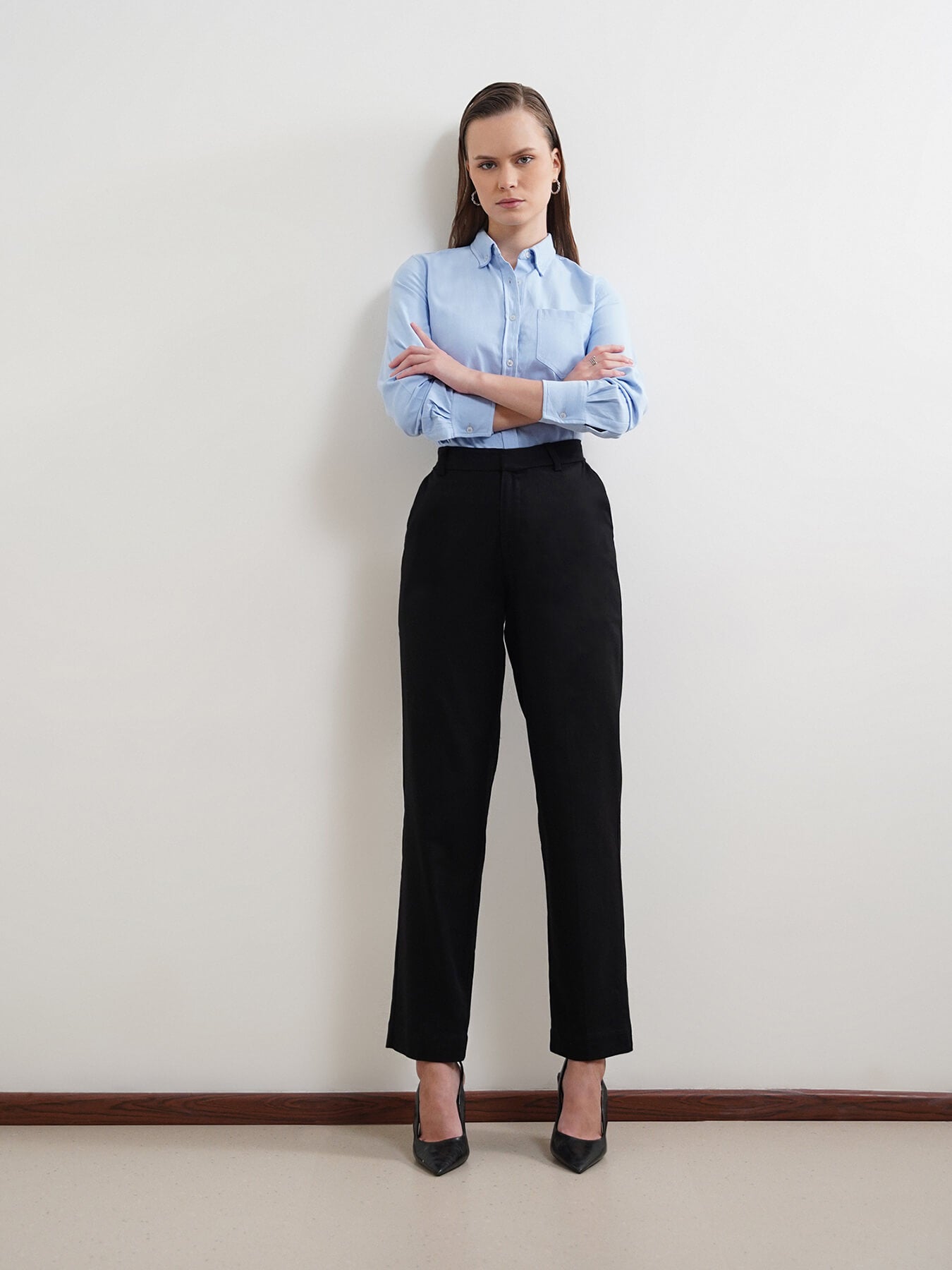 Cotton Linen Straight Fit Trousers - Black