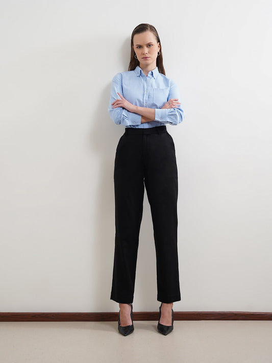 Cotton Linen Straight Fit Trousers - Black