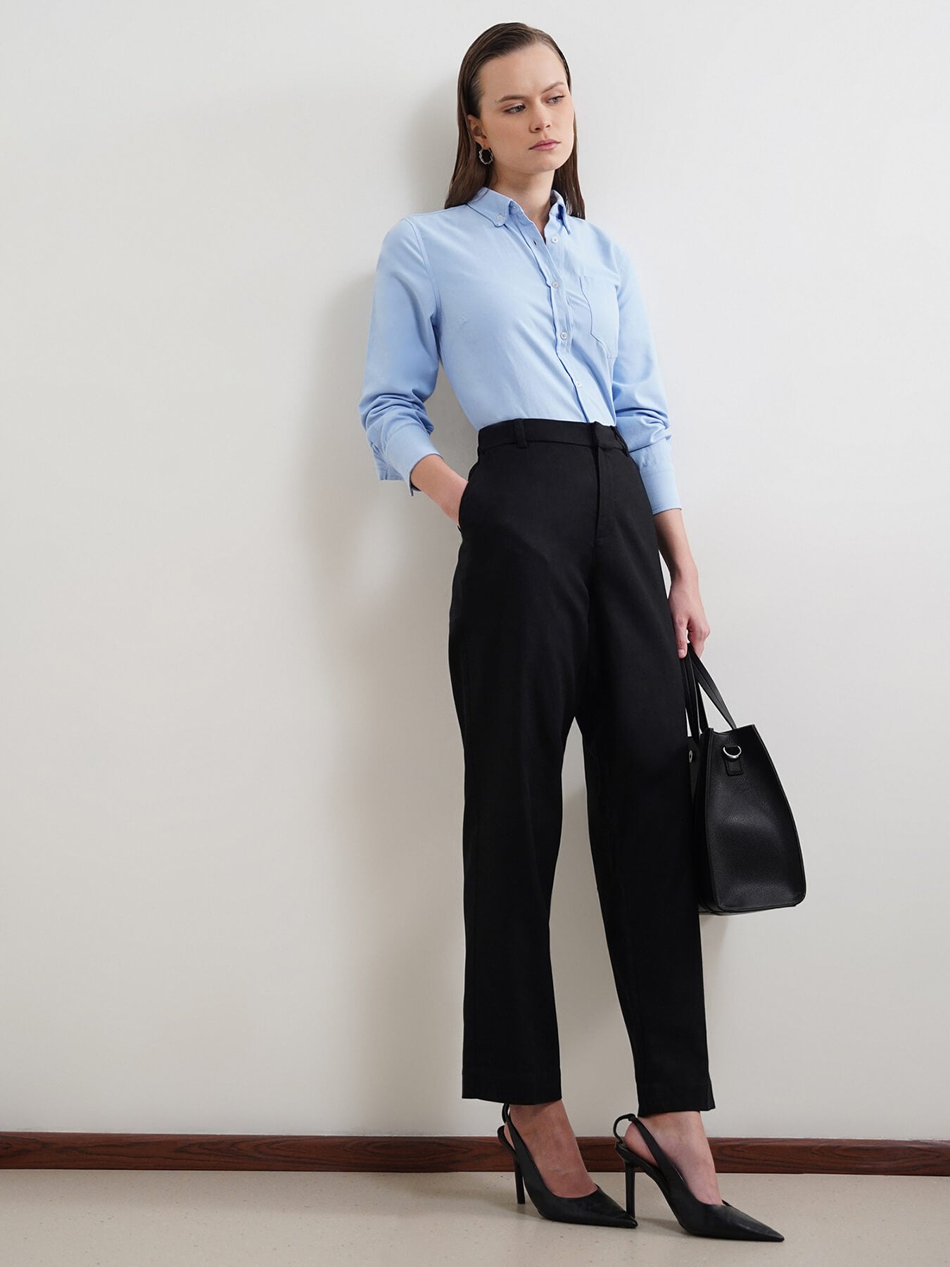 Cotton Linen Straight Fit Trousers - Black