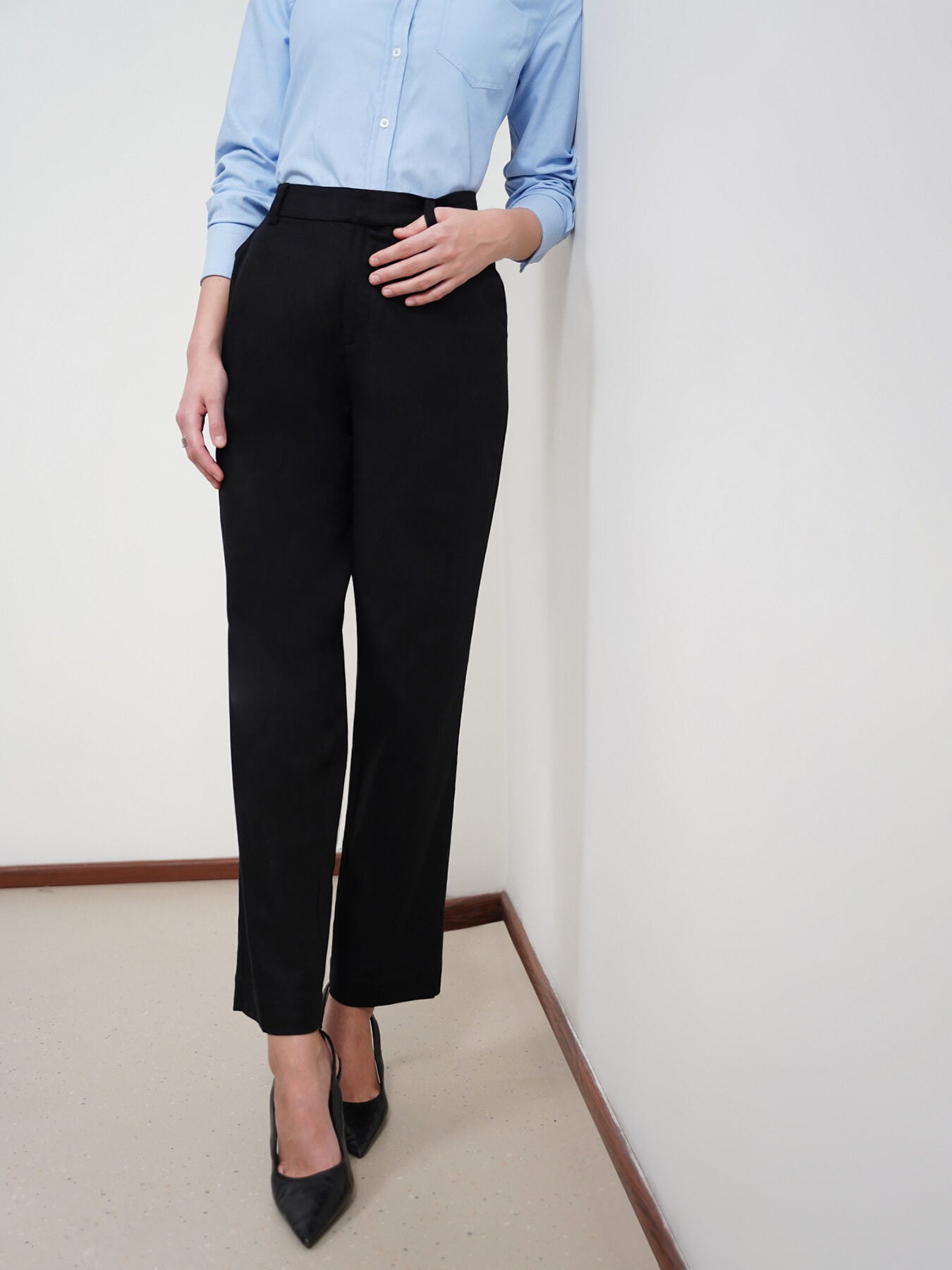Cotton Linen Straight Fit Trousers - Black