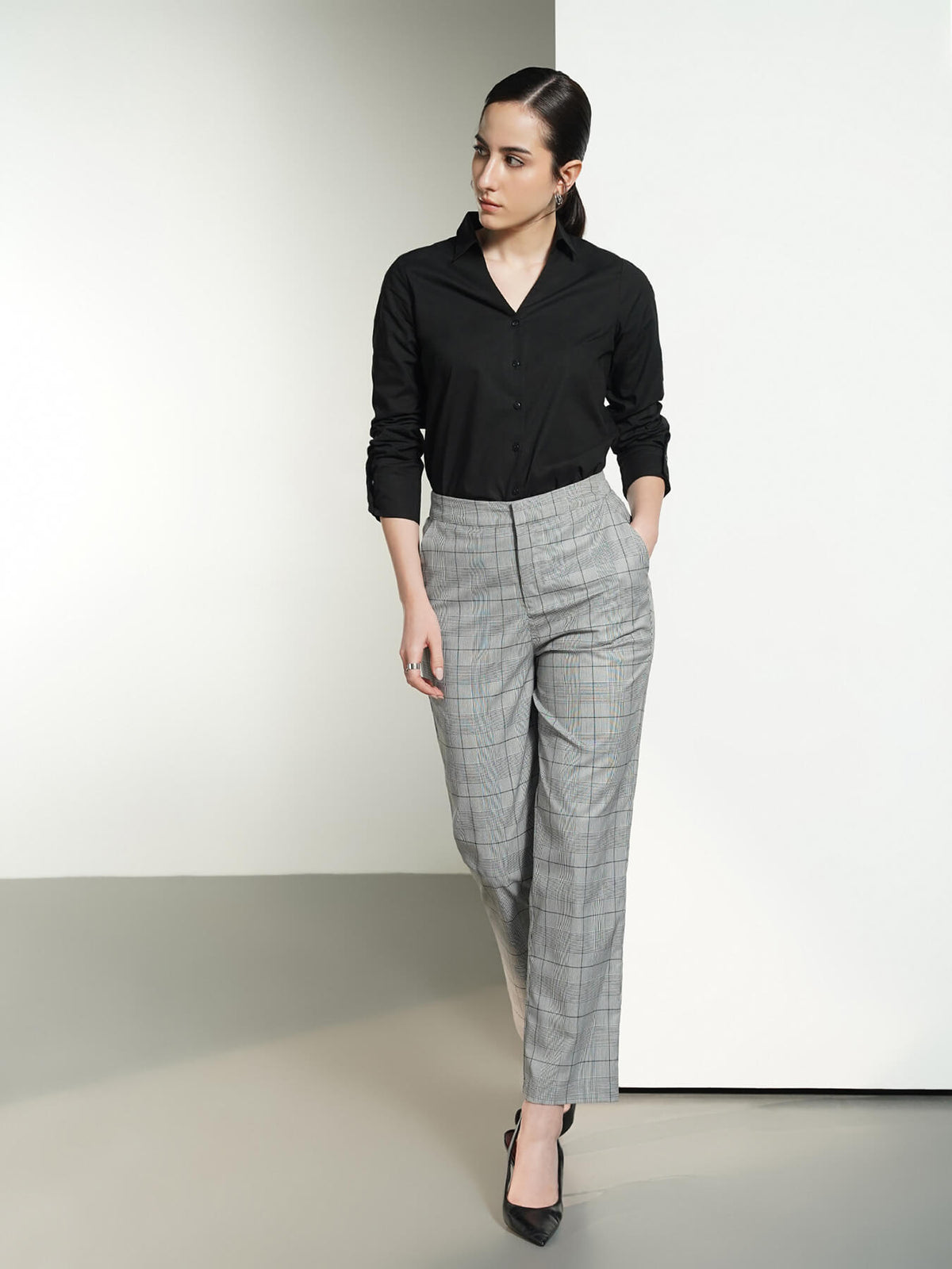 Checkered Striaght Fit Trousers - Grey