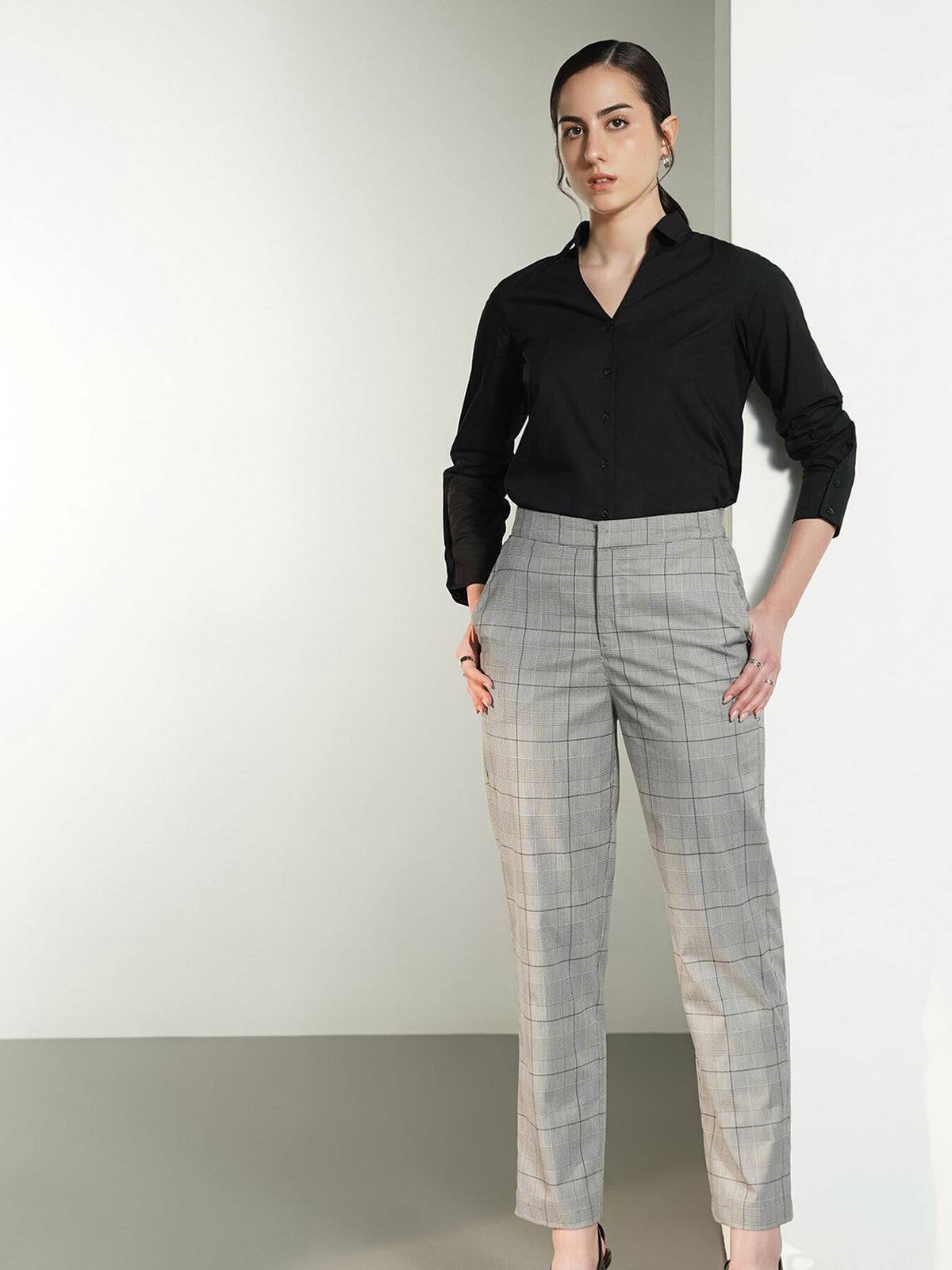 Checkered Striaght Fit Trousers - Grey