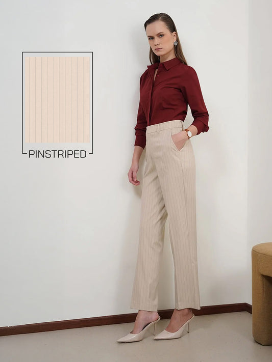 Striped Straight Fit Trousers - Beige