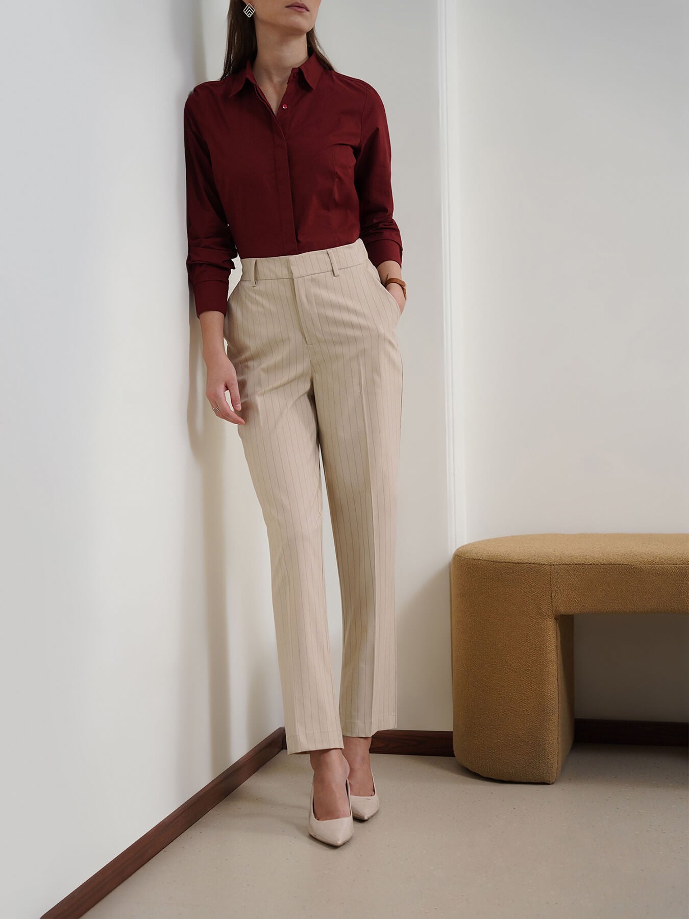 Striped Straight Fit Trousers - Beige