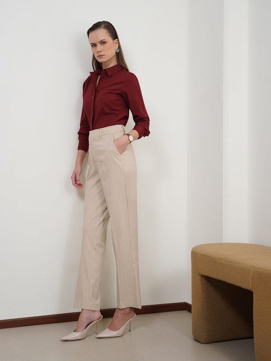 Striped Straight Fit Trousers - Beige