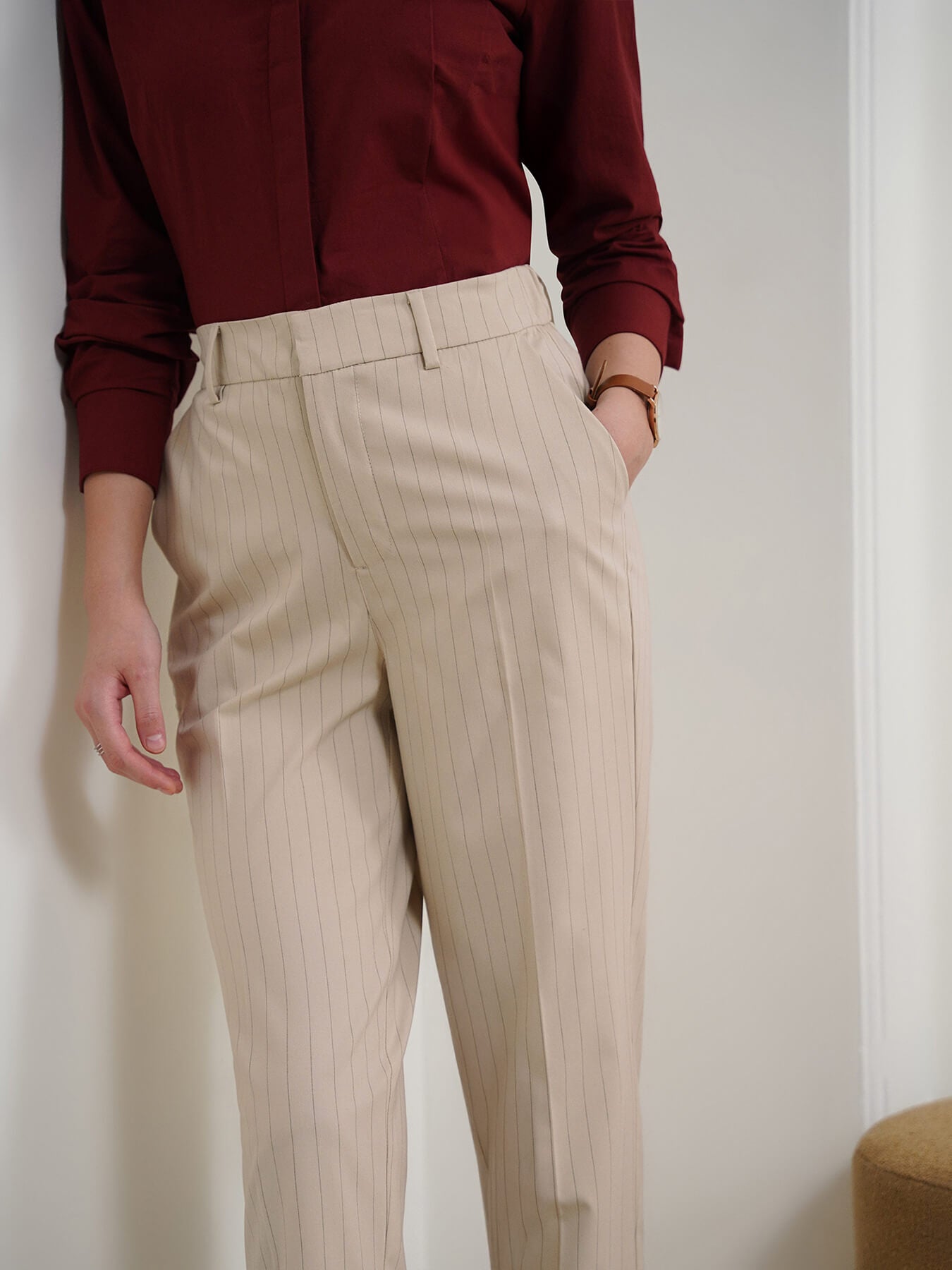 Striped Straight Fit Trousers - Beige