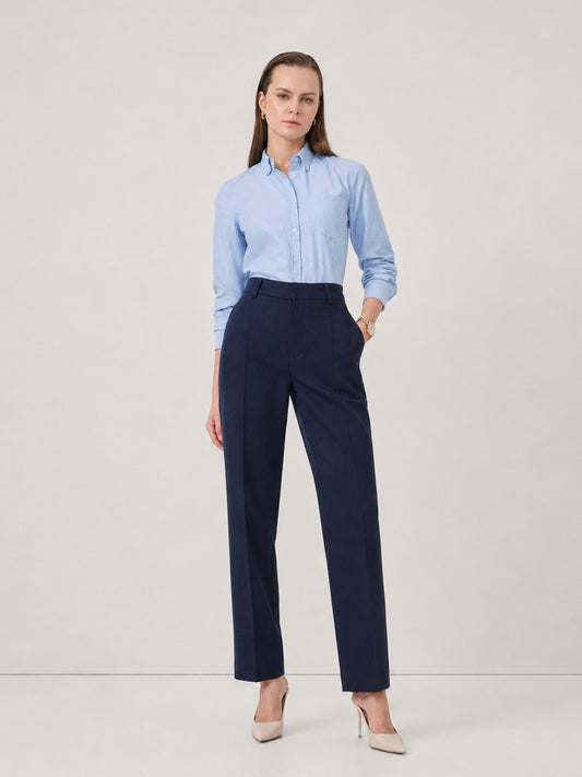 Cotton Linen Straight Fit Trousers - Navy