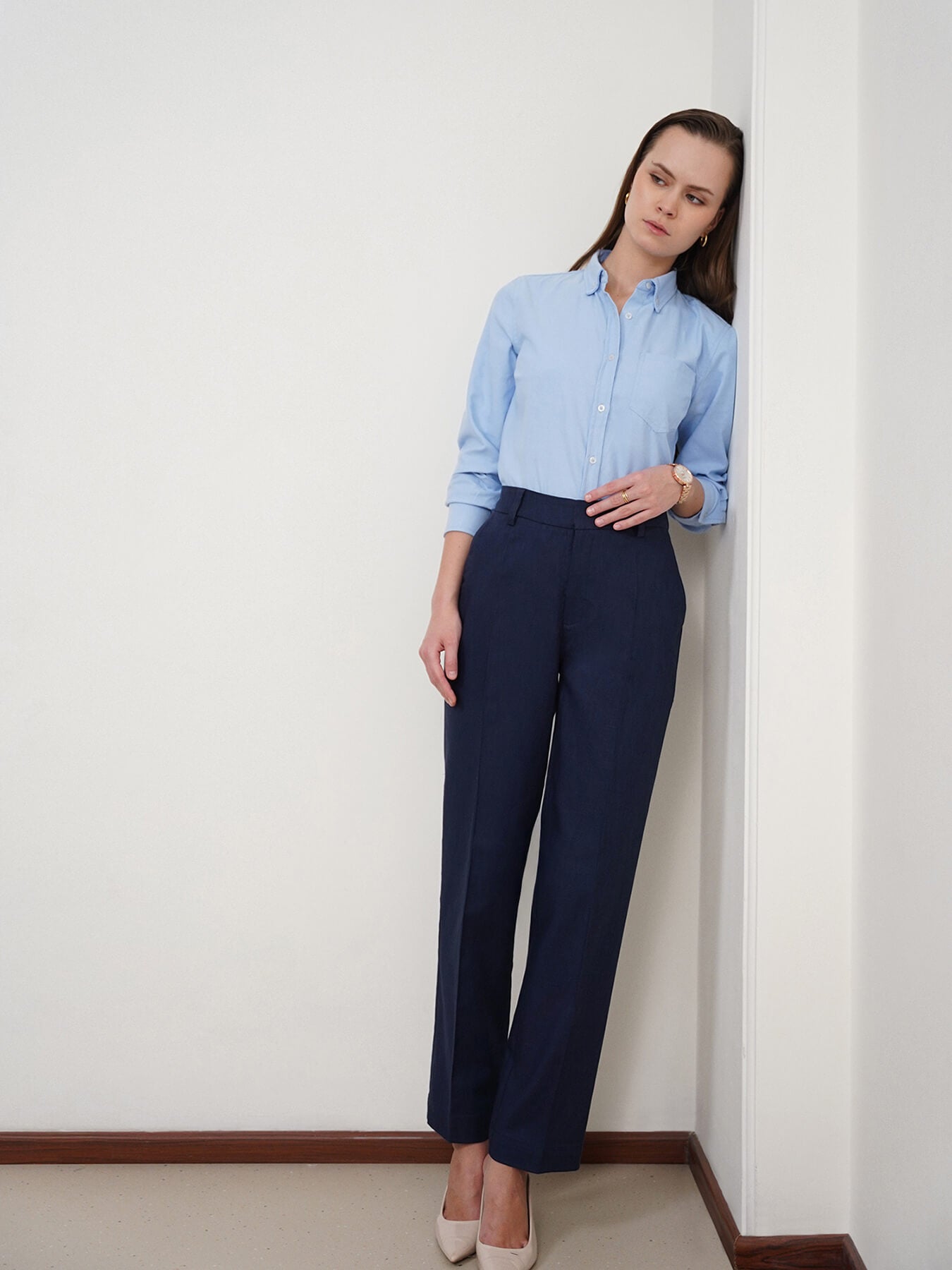 Cotton Linen Straight Fit Trousers - Navy