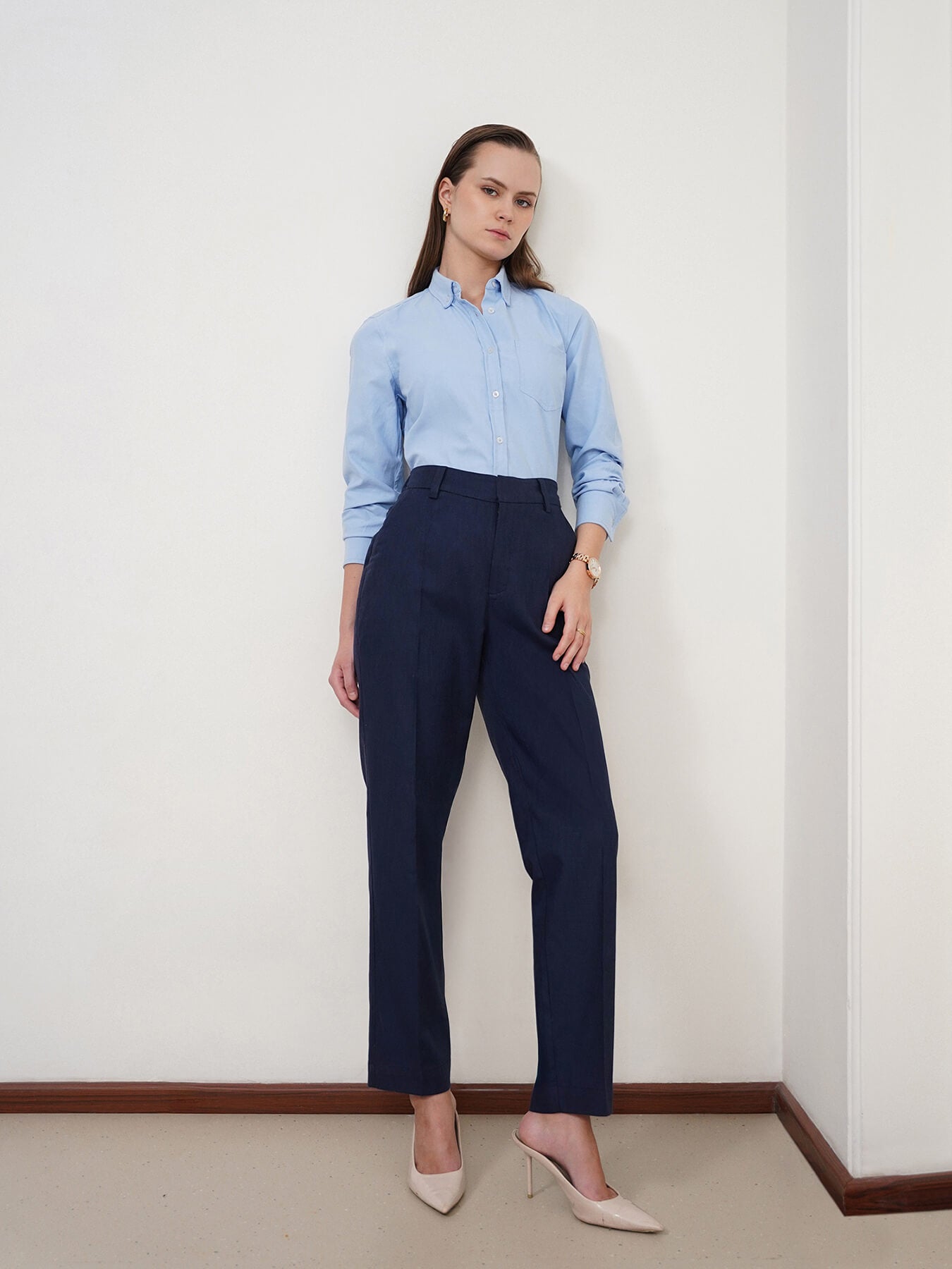 Cotton Linen Straight Fit Trousers - Navy