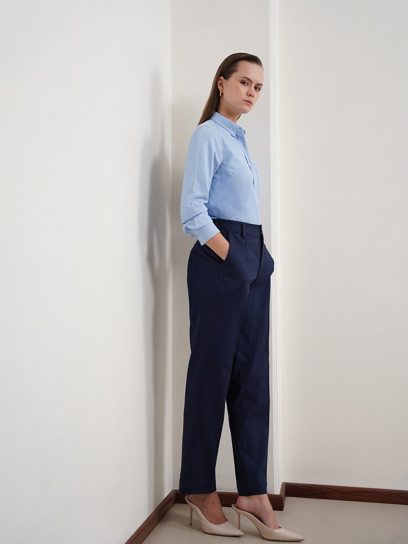 Cotton Linen Straight Fit Trousers - Navy