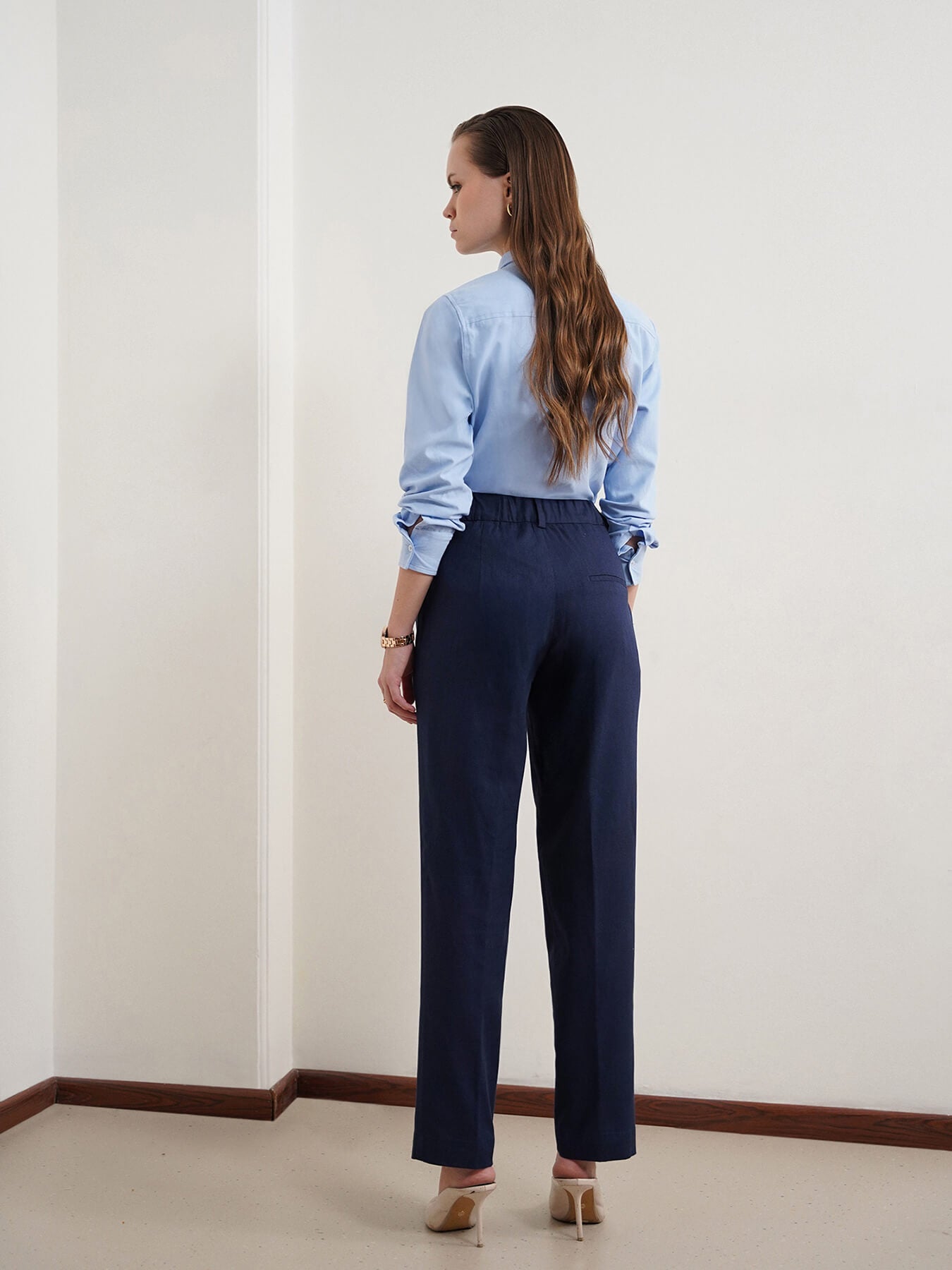 Cotton Linen Straight Fit Trousers - Navy