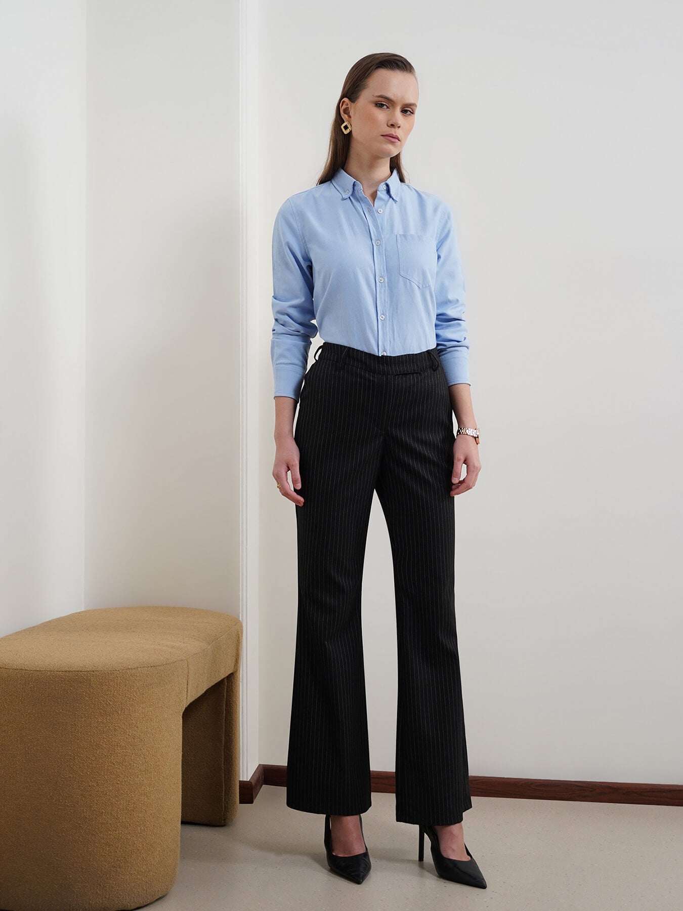 Striped Flared Trousers - Black