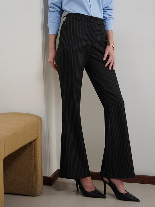 Striped Flared Trousers - Black