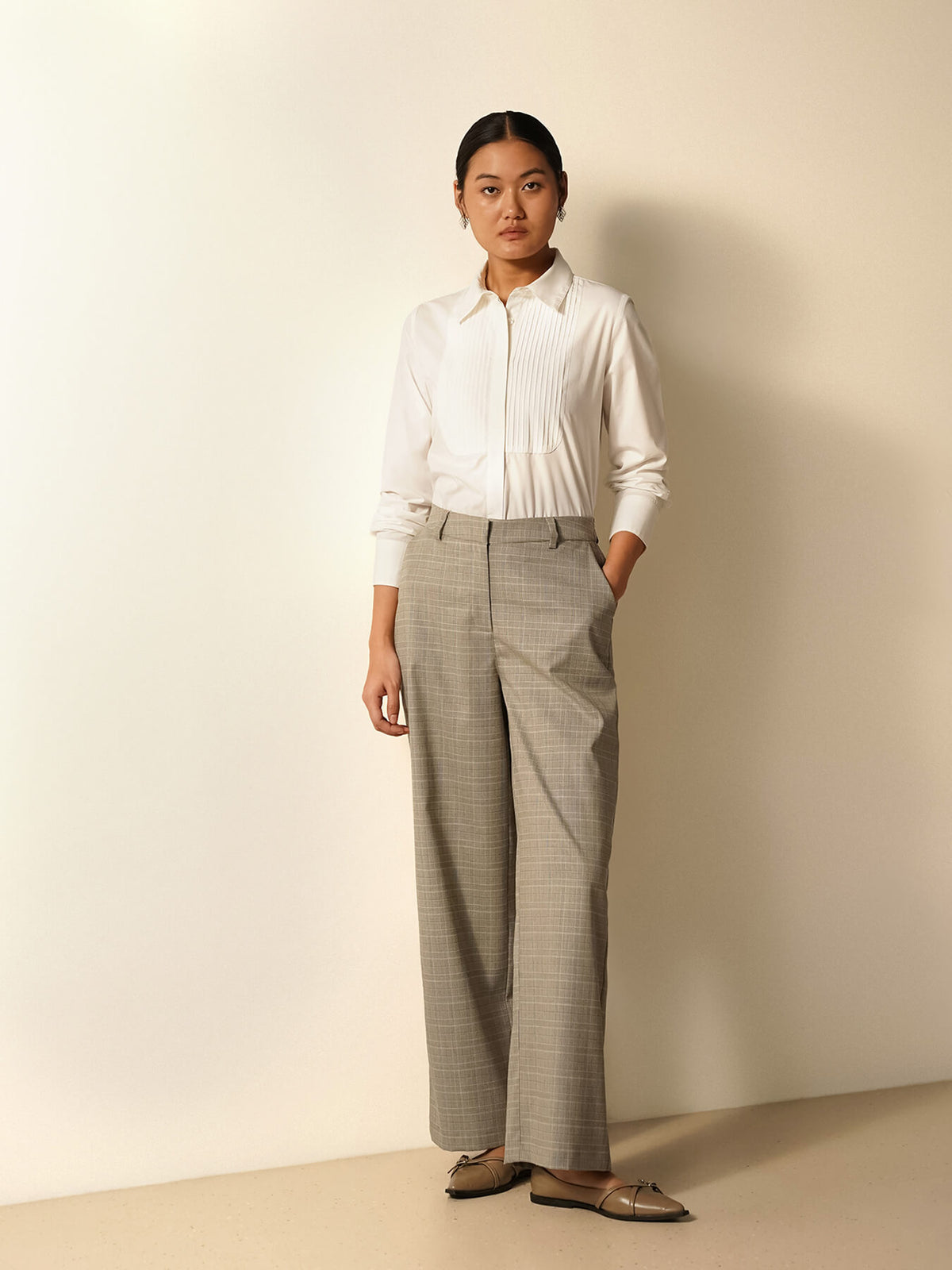 Checkered Wide Leg Trousers - Grey