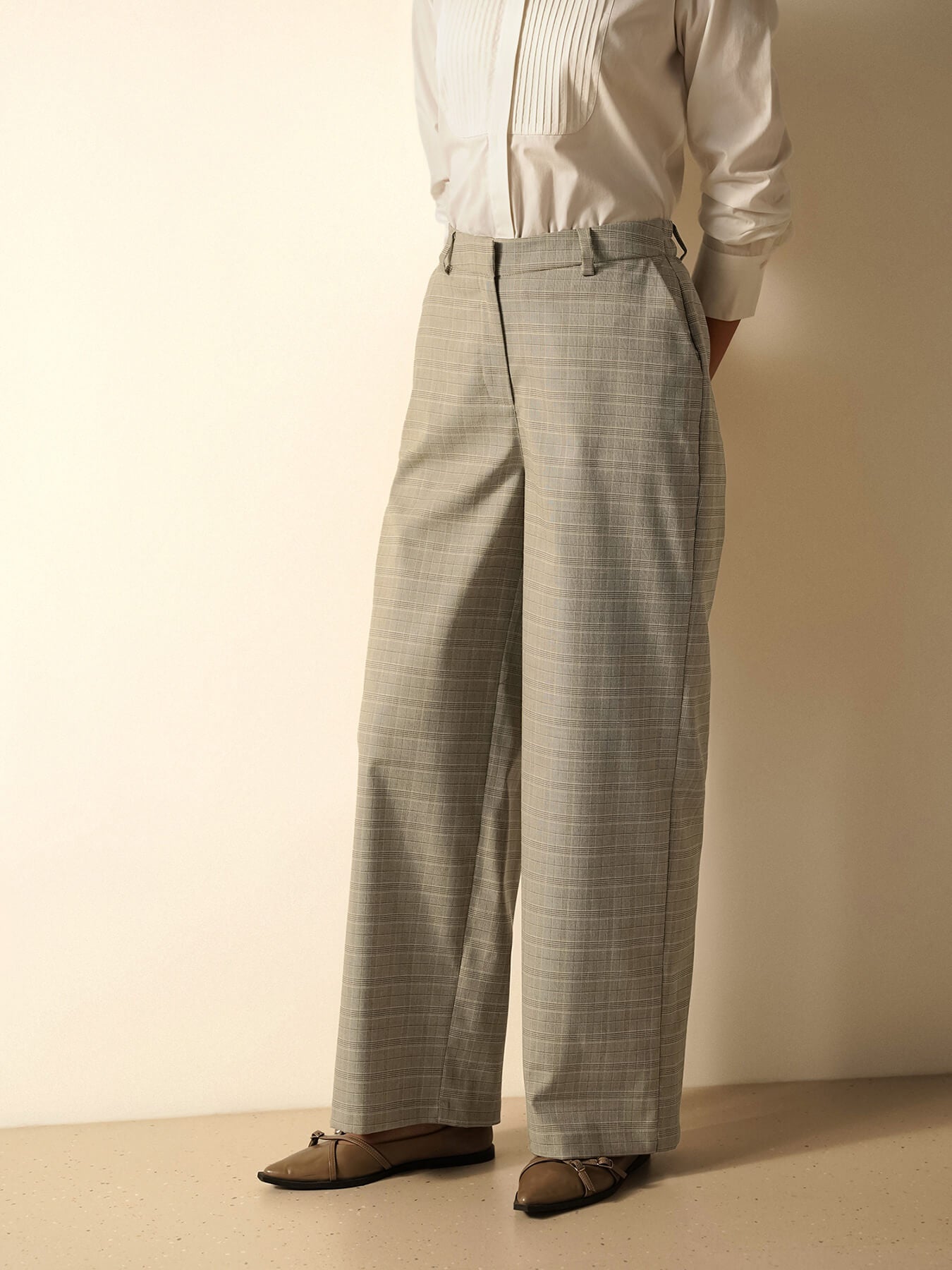 Checkered Wide Leg Trousers - Grey