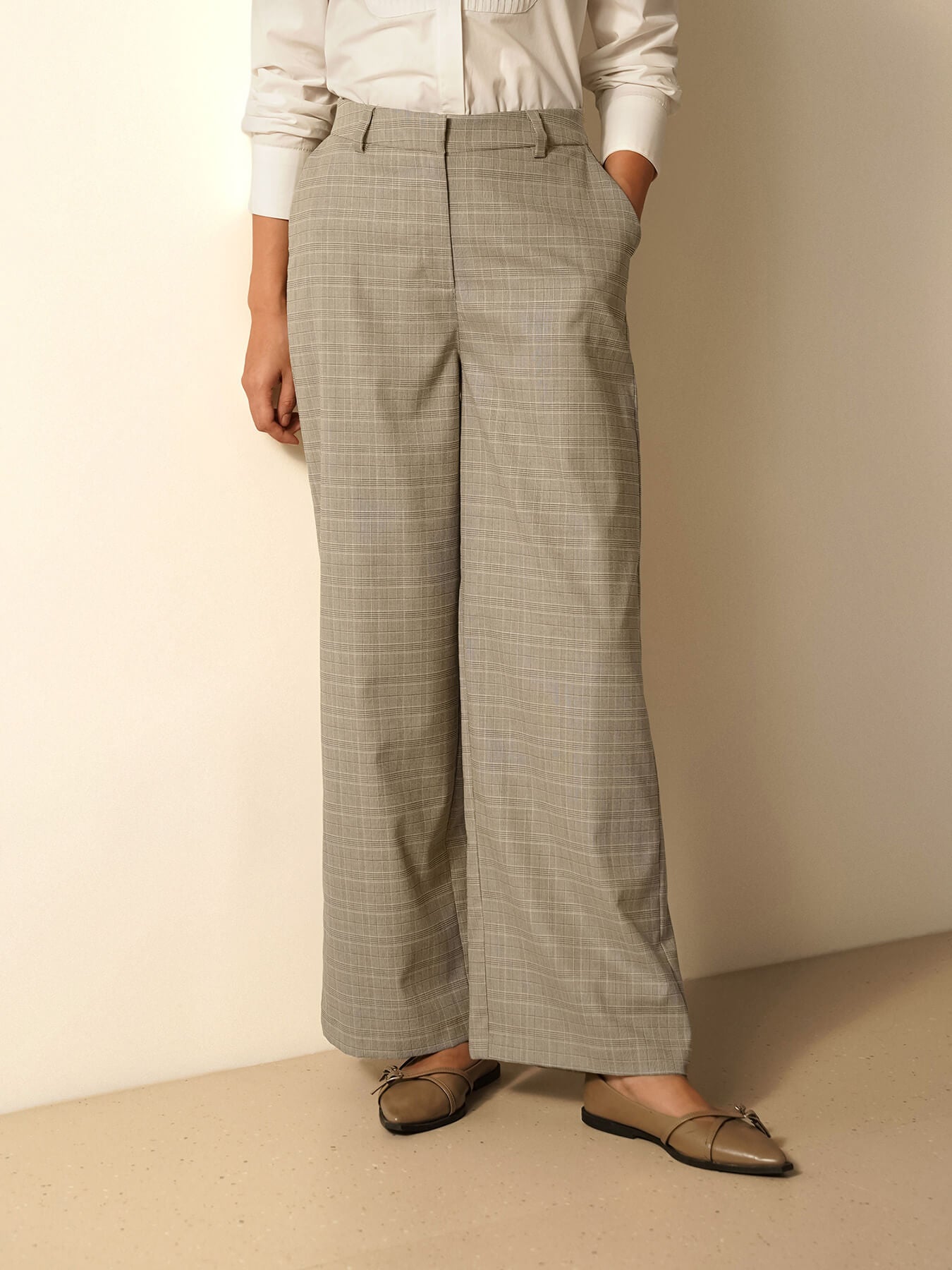 Checkered Wide Leg Trousers - Grey