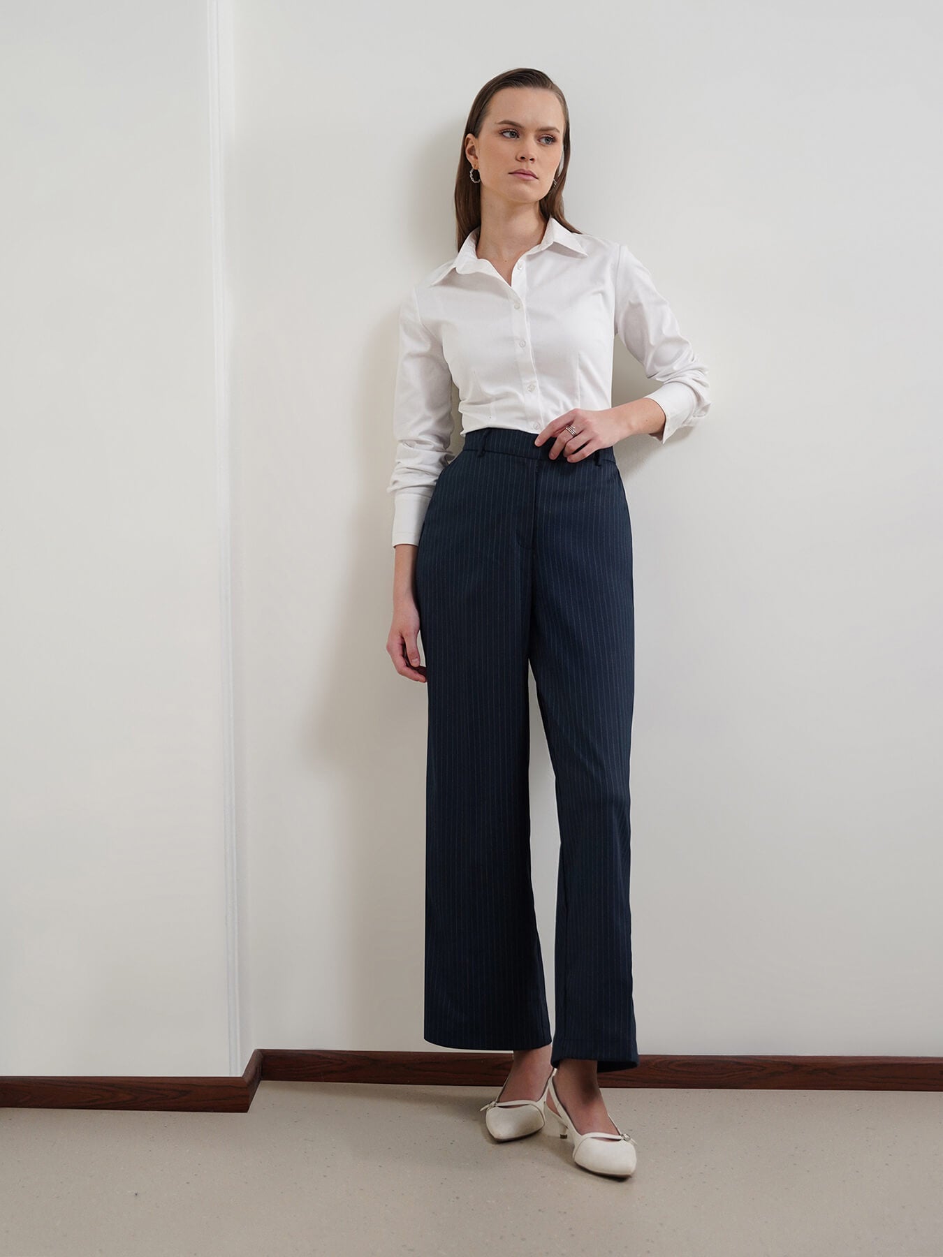 Striped Wide Leg Trouser - Navy Blue