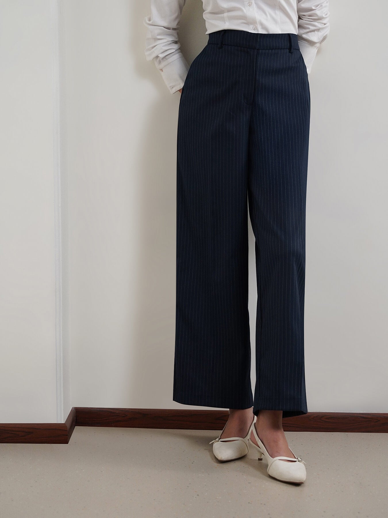 Striped Wide Leg Trouser - Navy Blue