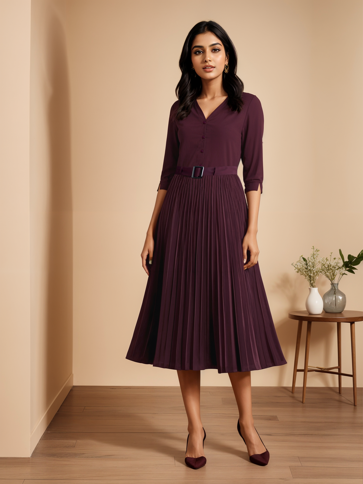 A-Line Pleated Dress - Maroon