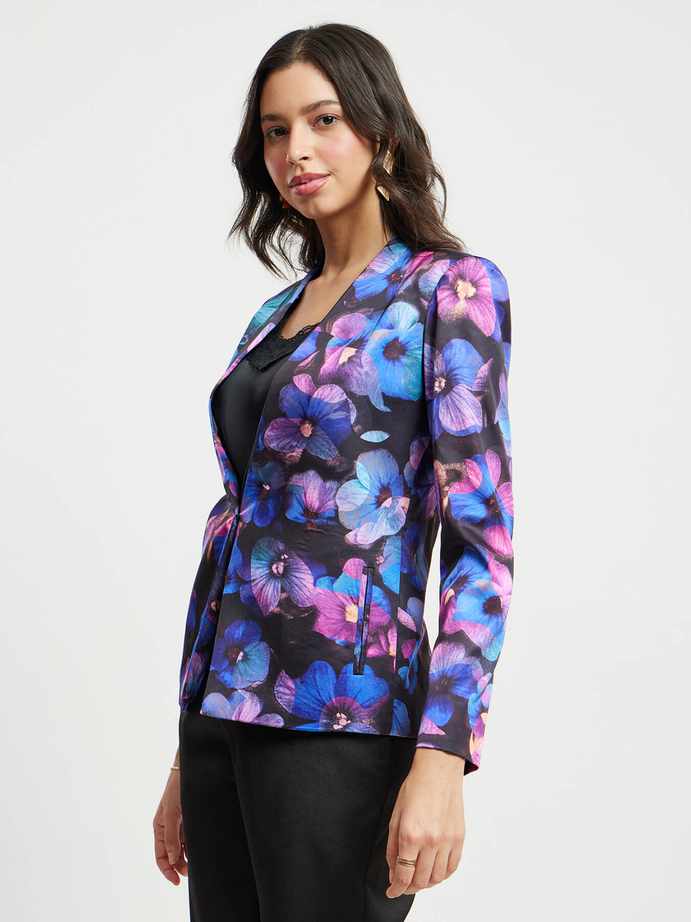 Satin Floral Print Blazer - Navy And Black