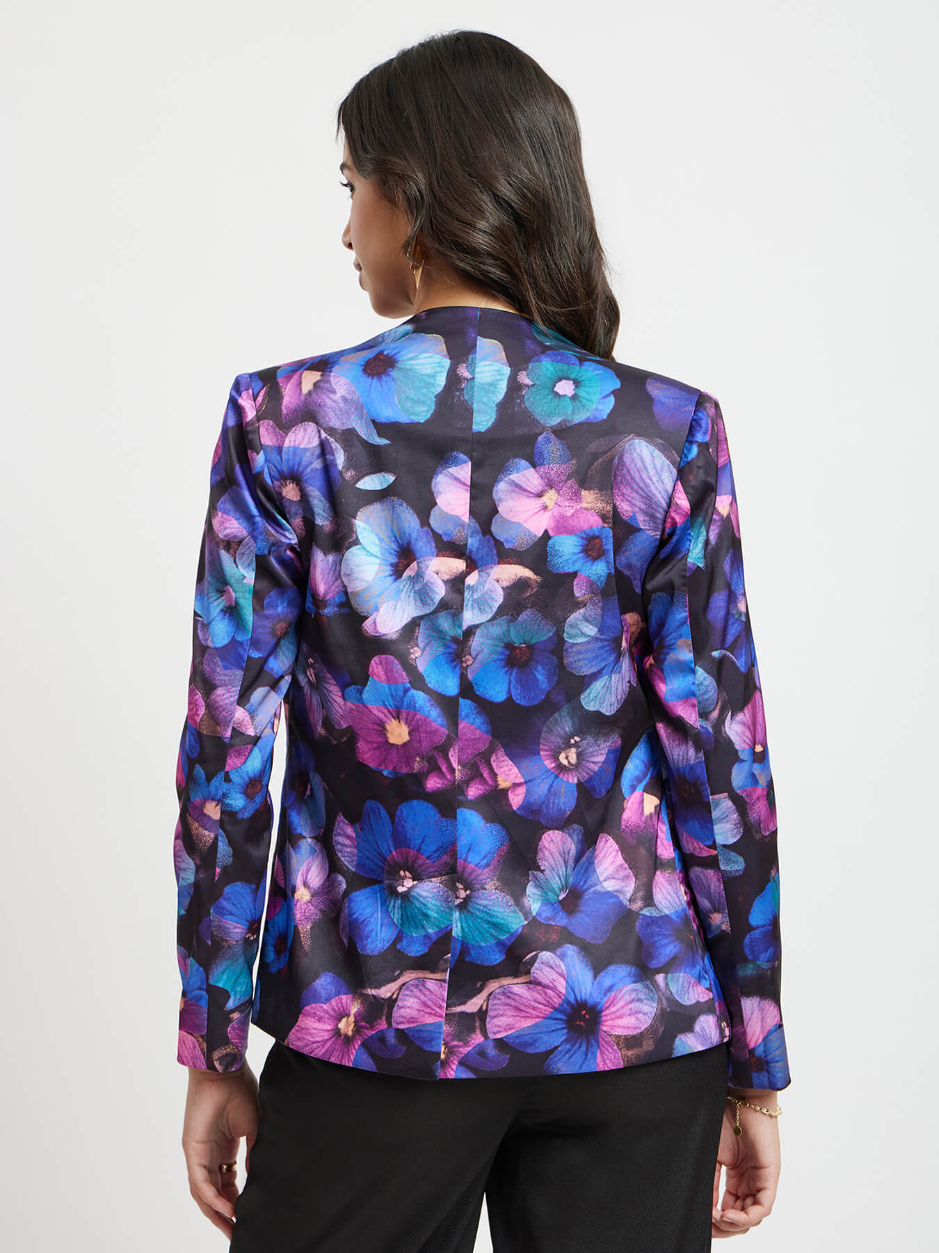 Satin Floral Print Blazer - Navy And Black