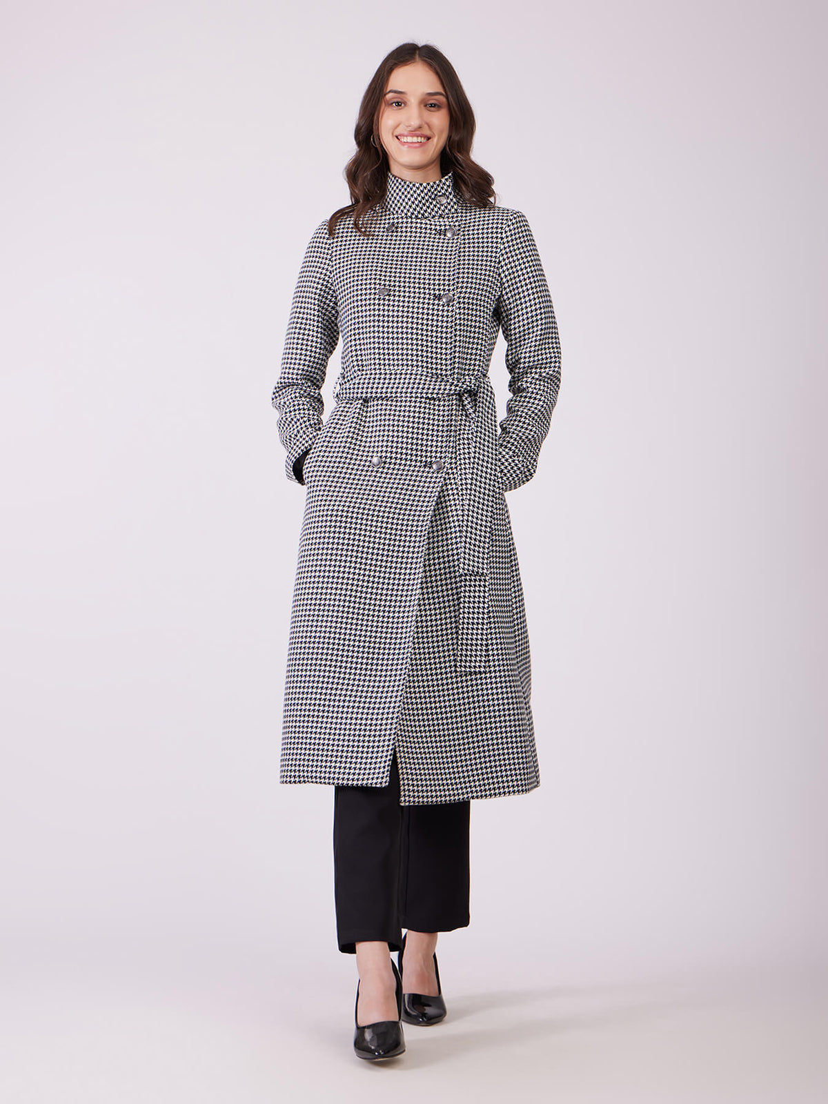 Tweed Wool Longline Overcoat - Black