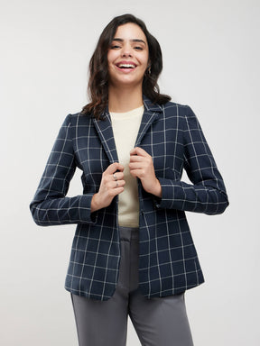 Cotton Checkered Blazer - Navy And White