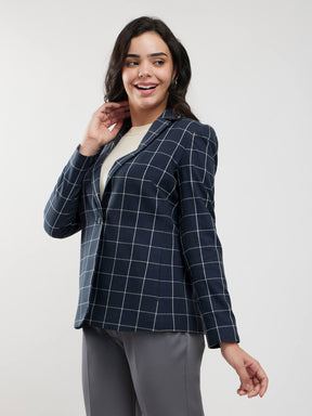 Cotton Checkered Blazer - Navy And White