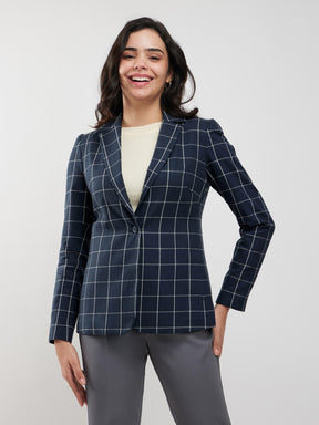 Cotton Checkered Blazer - Navy And White