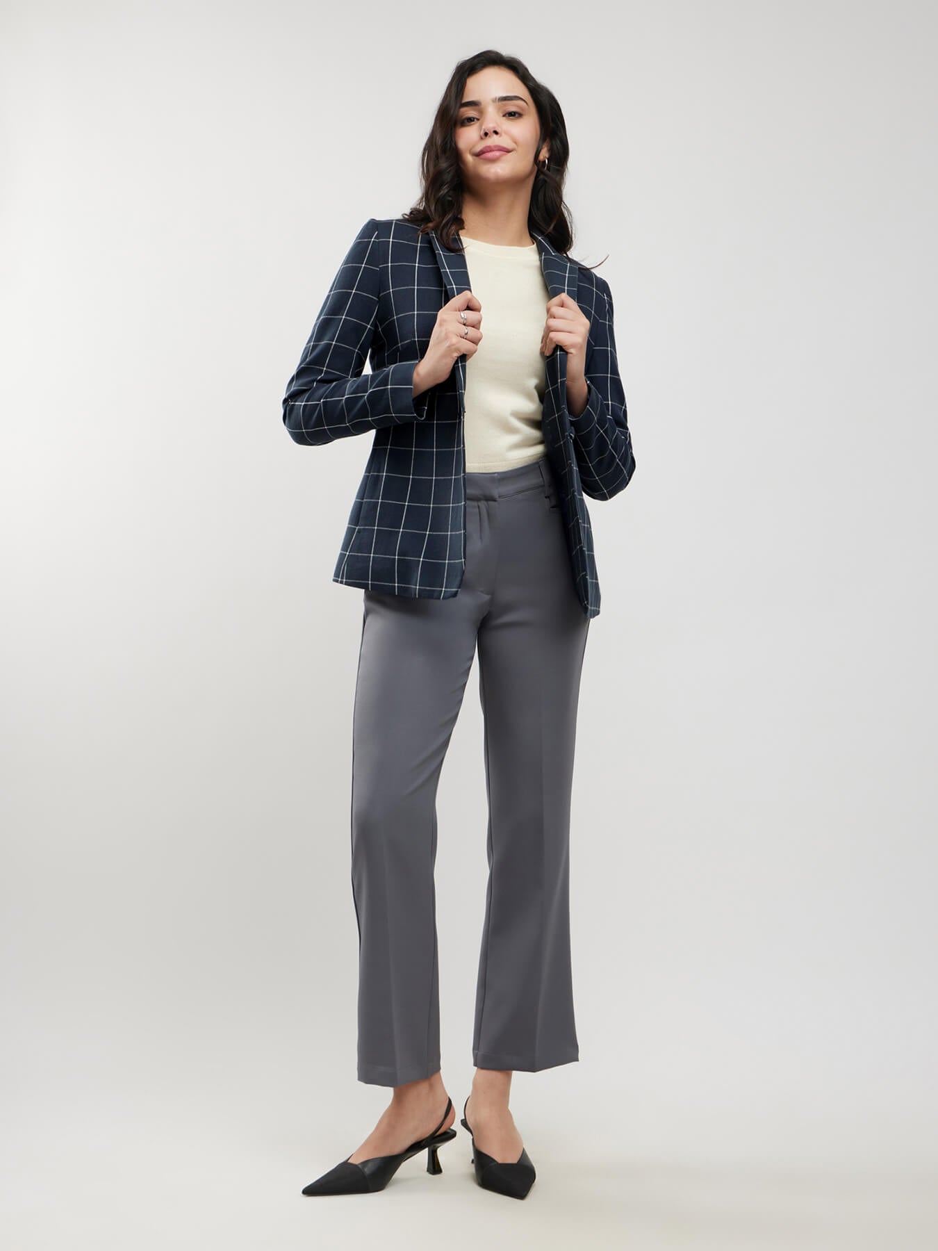 Cotton Checkered Blazer - Navy And White