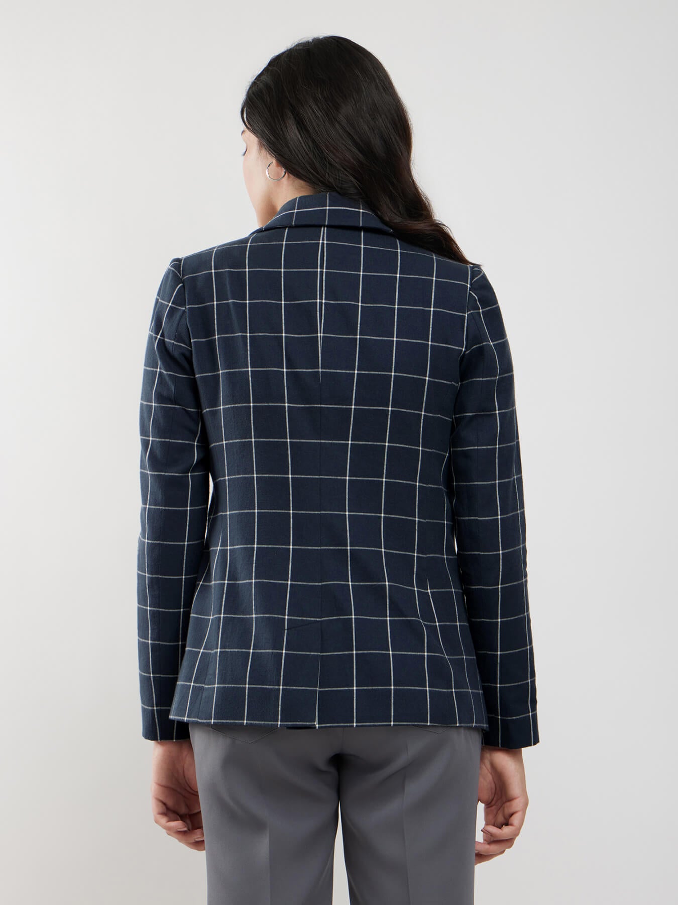 Cotton Checkered Blazer - Navy And White