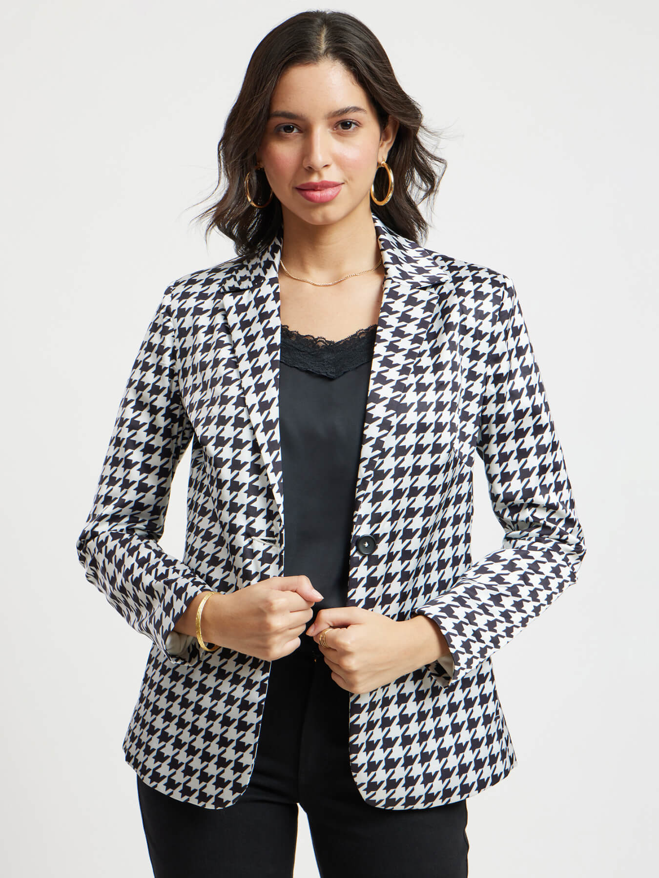 Satin Houndstooth Print Blazer - White And Black