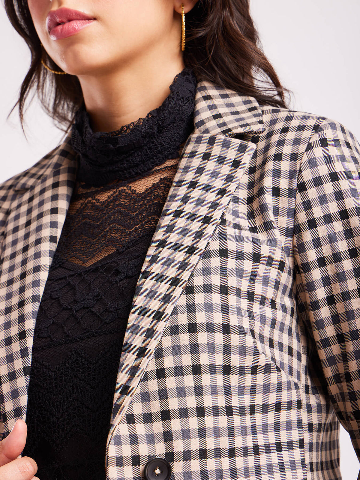 Single Breasted Check Blazer - Black And Beige