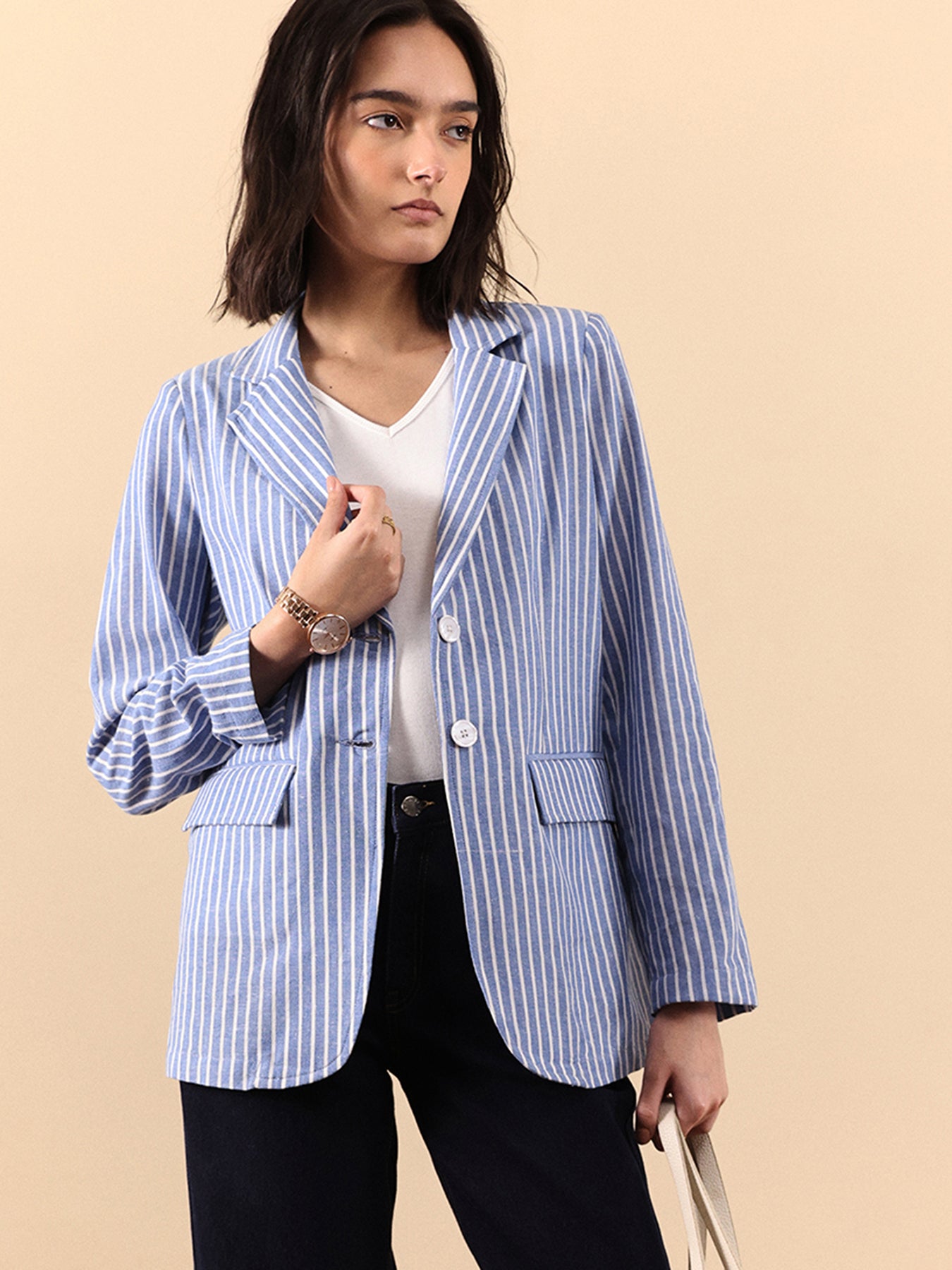 Linen Single Breasted Blazer - Blue