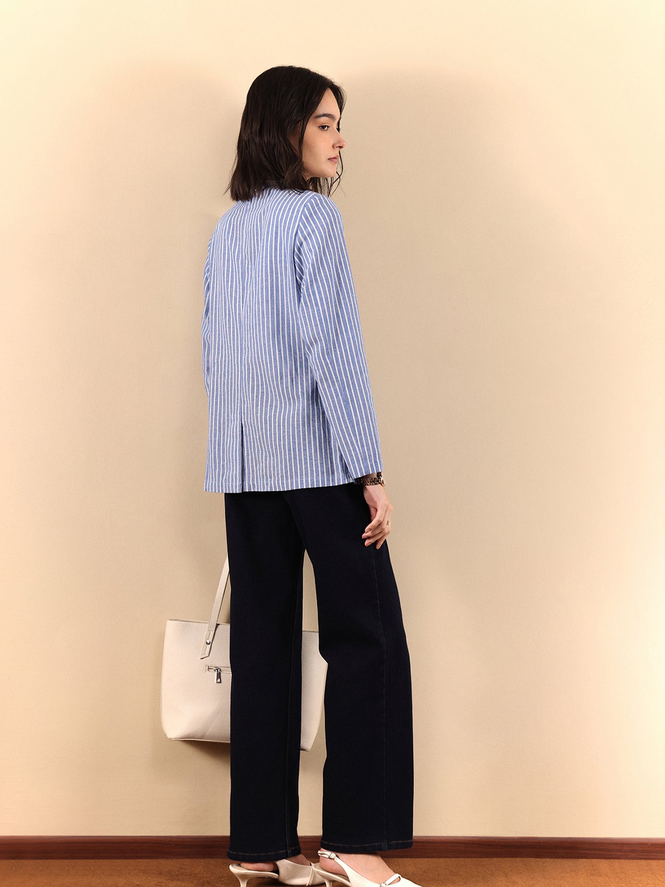 Linen Single Breasted Blazer - Blue