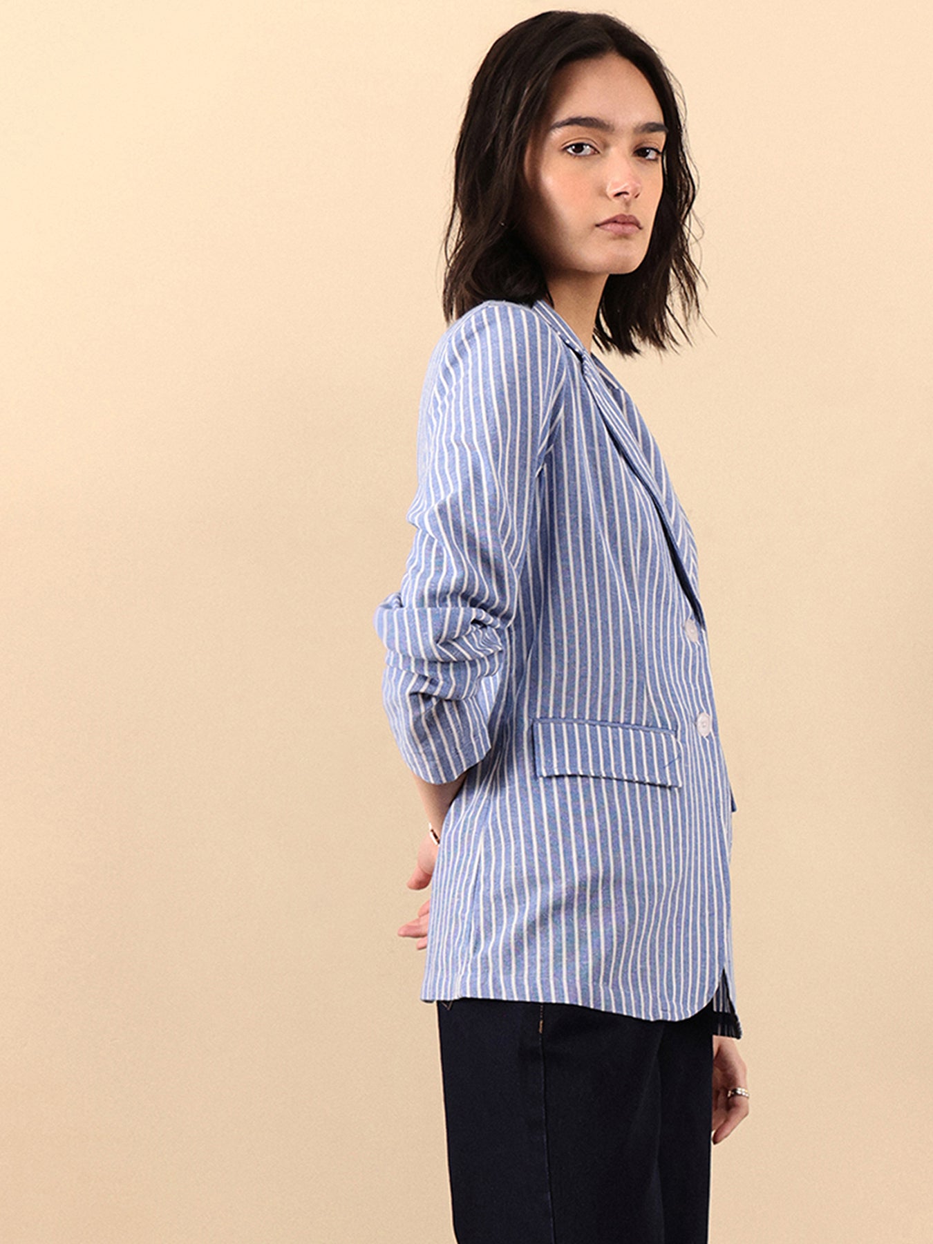 Linen Single Breasted Blazer - Blue