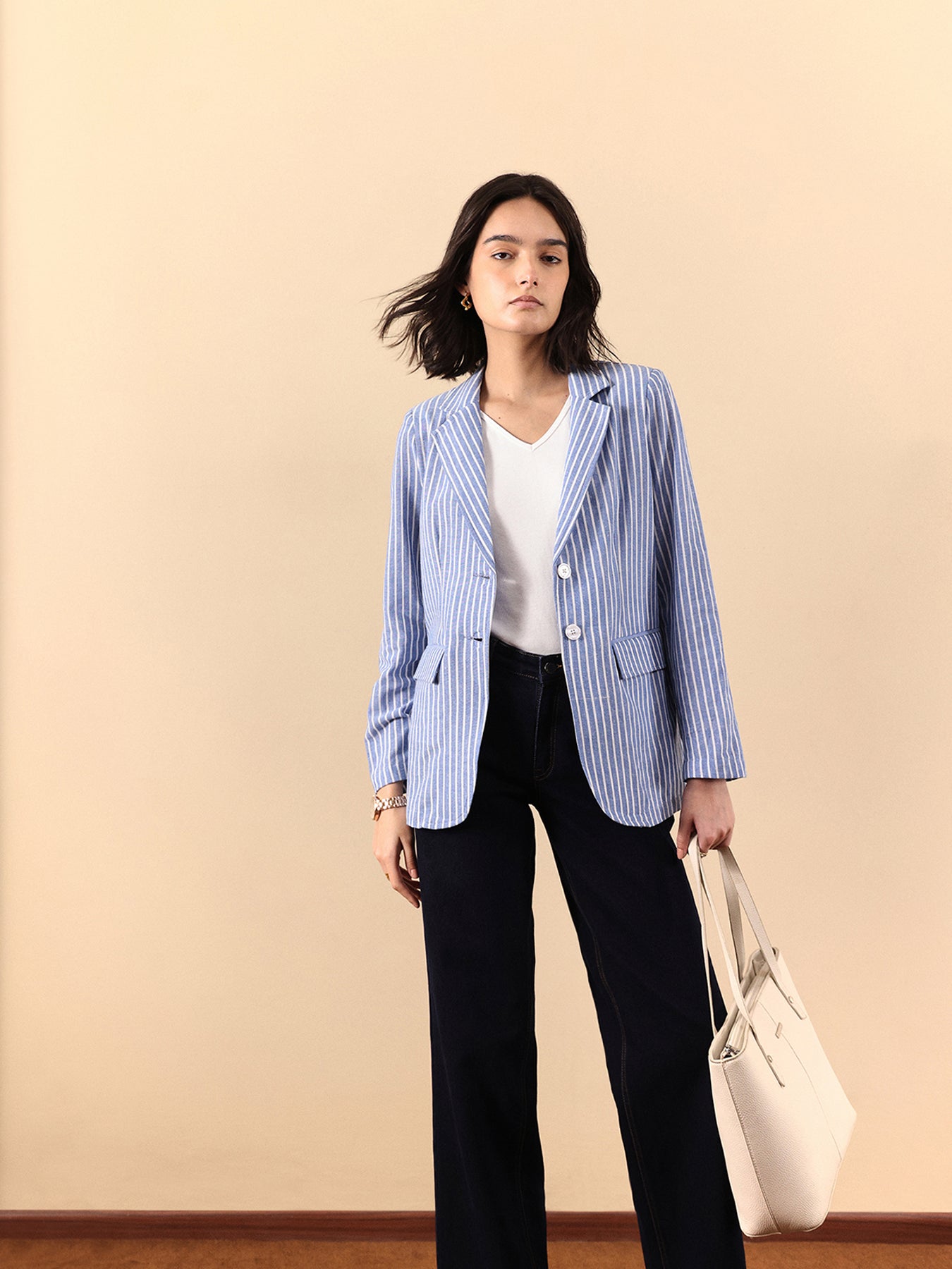 Linen Single Breasted Blazer - Blue